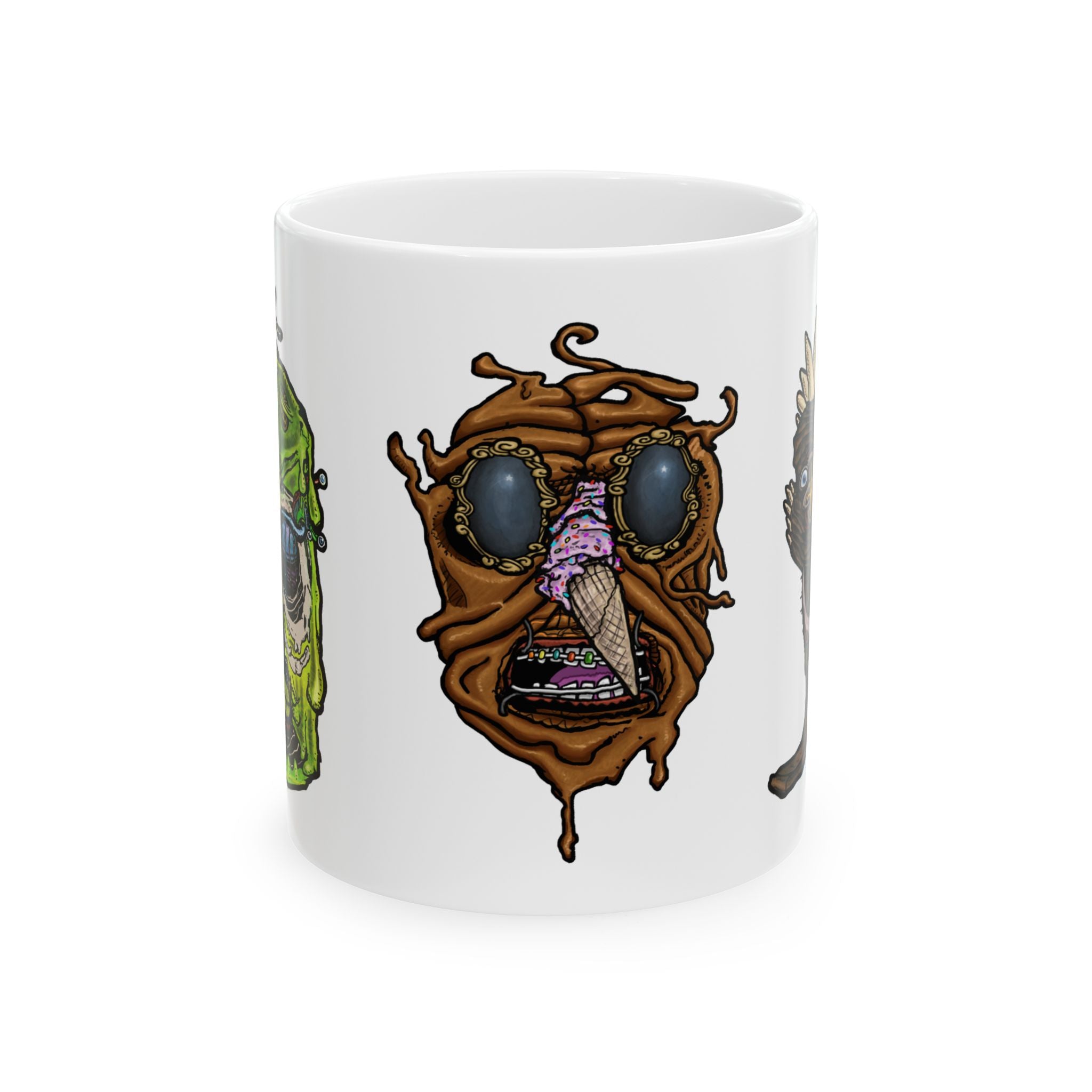 Freaky Features Sandman Radioactive Blob Shaman mug showing three monster designs: melting chocolate head with ice cream nose, neon green radioactive blob skull, and tribal shaman mask on white ceramic mug

