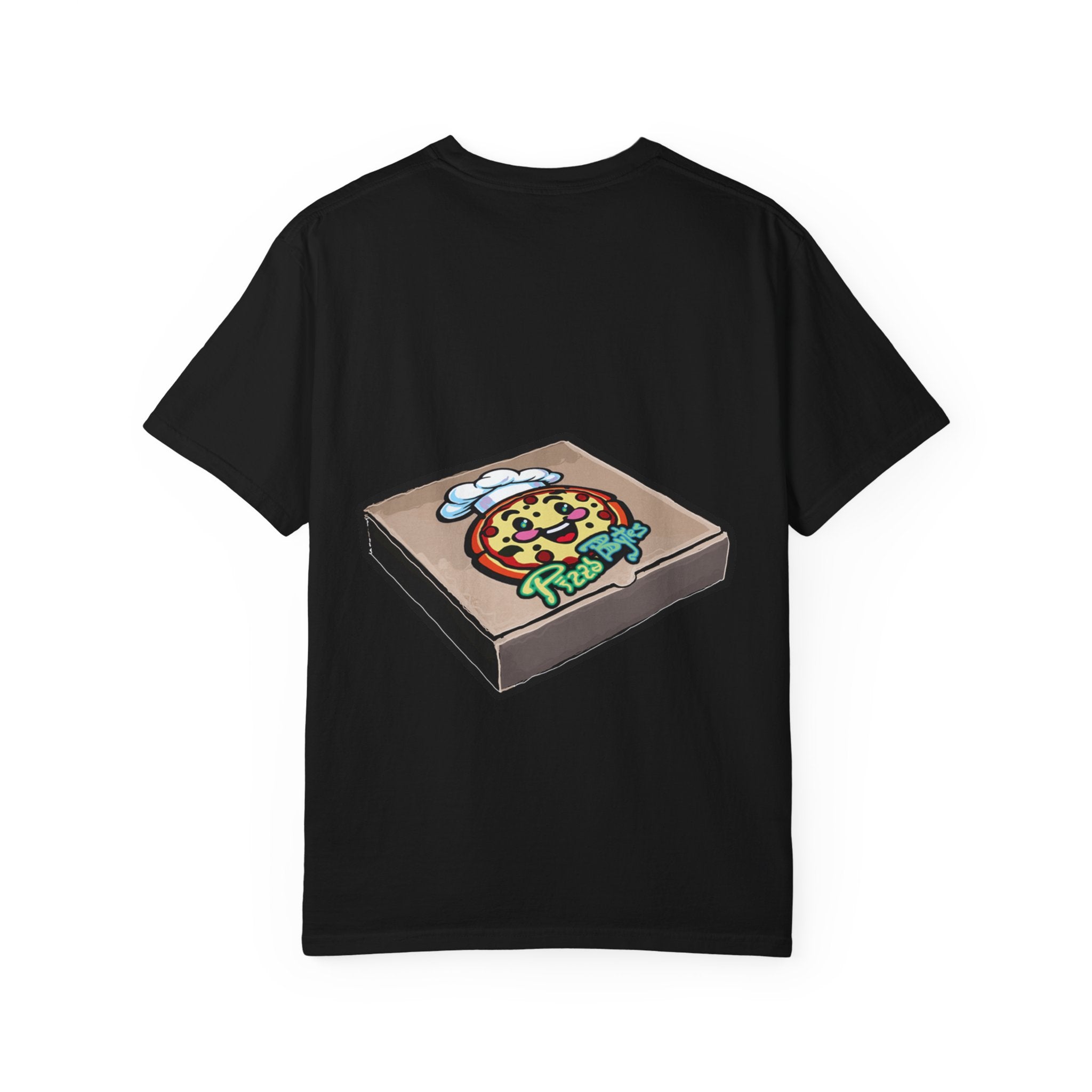 Hand-drawn brain pizza box t-shirt showing open pizza box with a detailed human brain pizza from PizzaBytes collection

