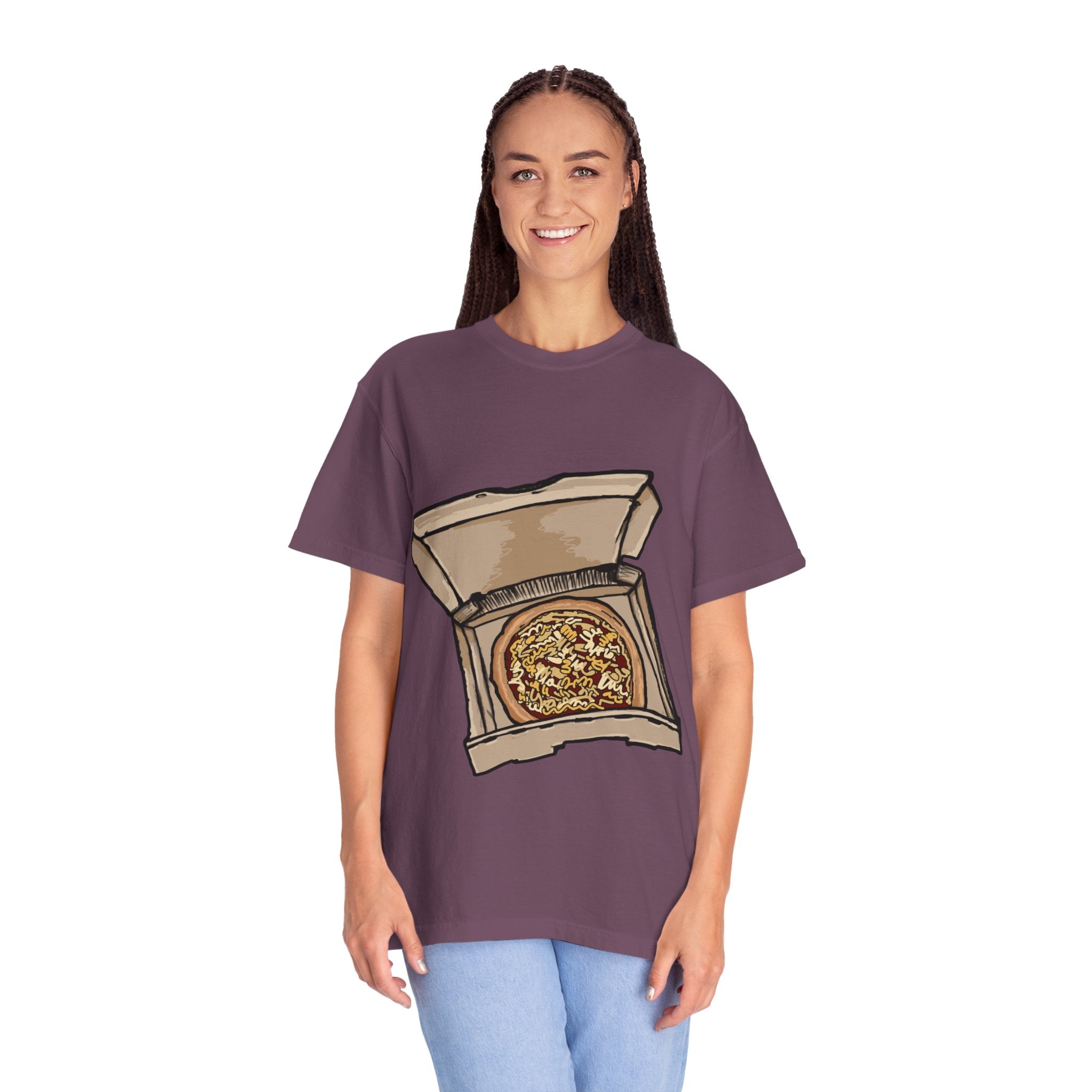 Hand-drawn noodle pizza box t-shirt showing open pizza box with pizza topped with crispy noodles from PizzaBytes collection


