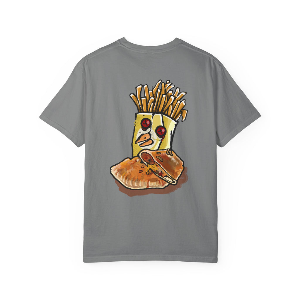 Hand-drawn PizzaBytes Set #4 t-shirt showing a cute blue soda cup monster with heart eyes in front of multiple open pizza boxes from PizzaBytes collection

