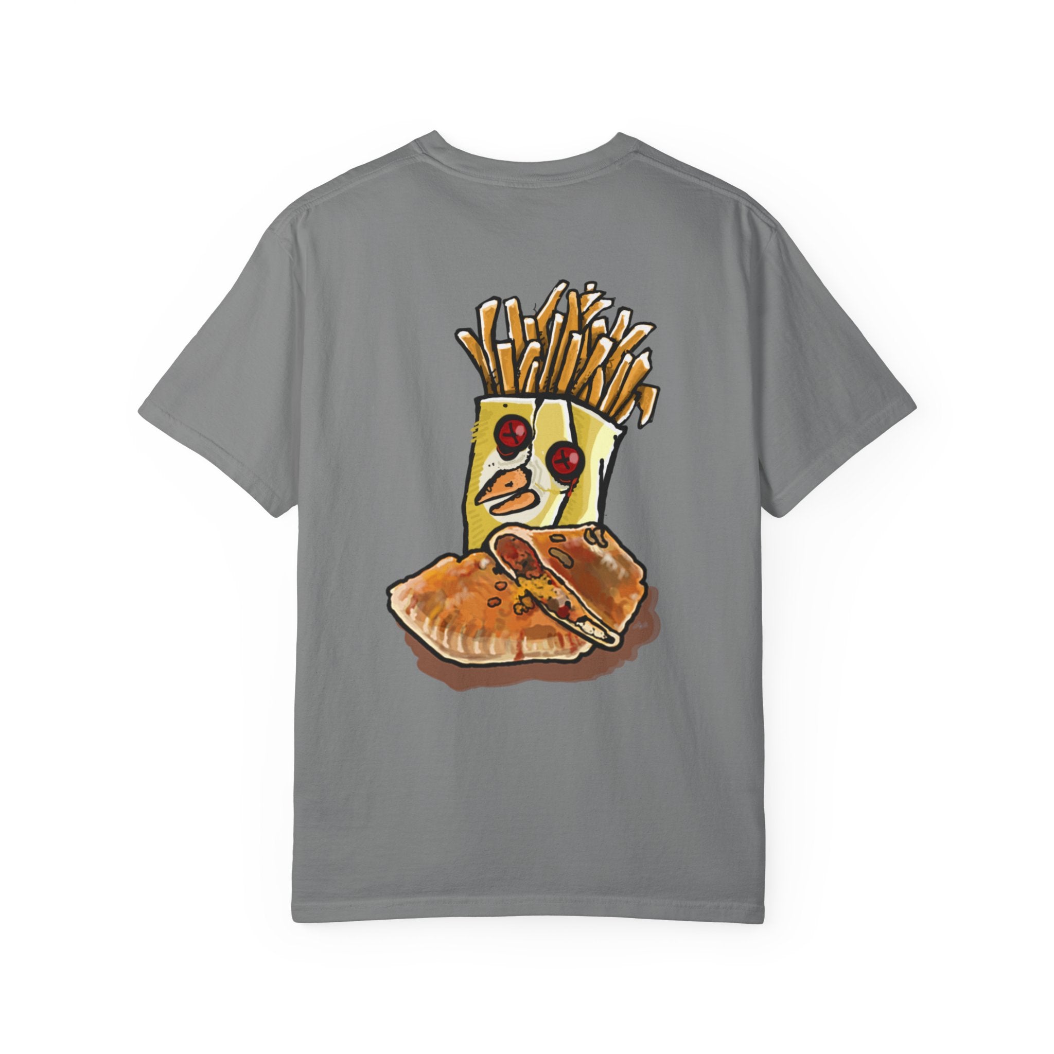 Hand-drawn PizzaBytes Set #4 t-shirt showing a cute blue soda cup monster with heart eyes in front of multiple open pizza boxes from PizzaBytes collection

