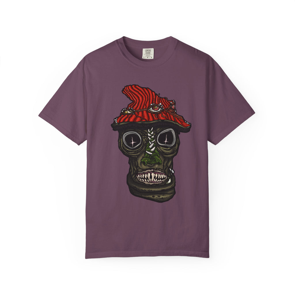 Freaky Features Mushroom Boy t-shirt, front shows grotesque mushroom skull with red cap and multiple eyes, back shows open pizza box with rainbow sprinkle donut
