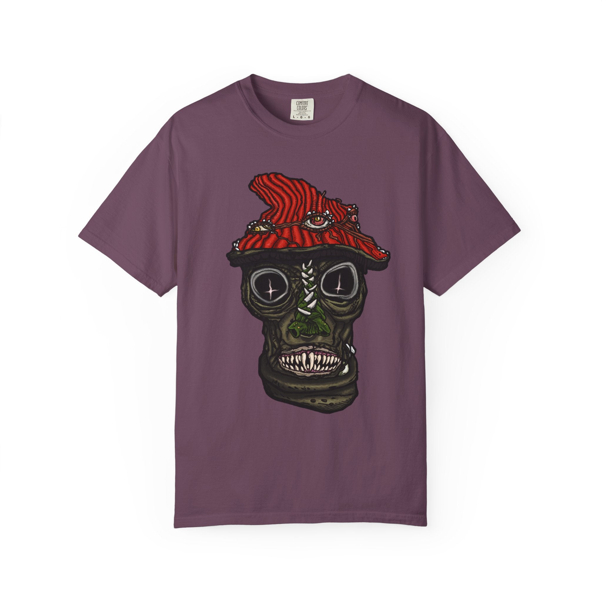 Freaky Features Mushroom Boy t-shirt, front shows grotesque mushroom skull with red cap and multiple eyes, back shows open pizza box with rainbow sprinkle donut
