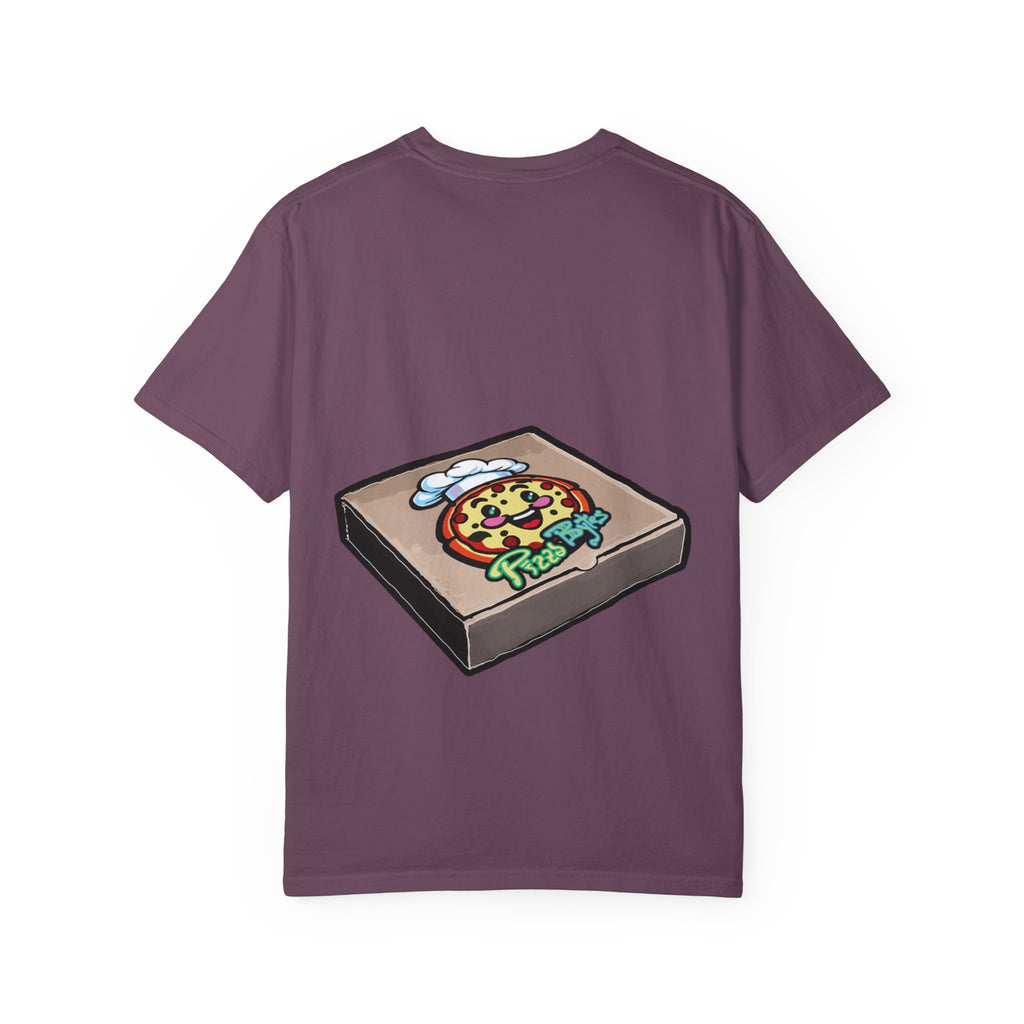 Hand-drawn cake pizza box t-shirt showing open pizza box with melting cake from PizzaBytes collection


