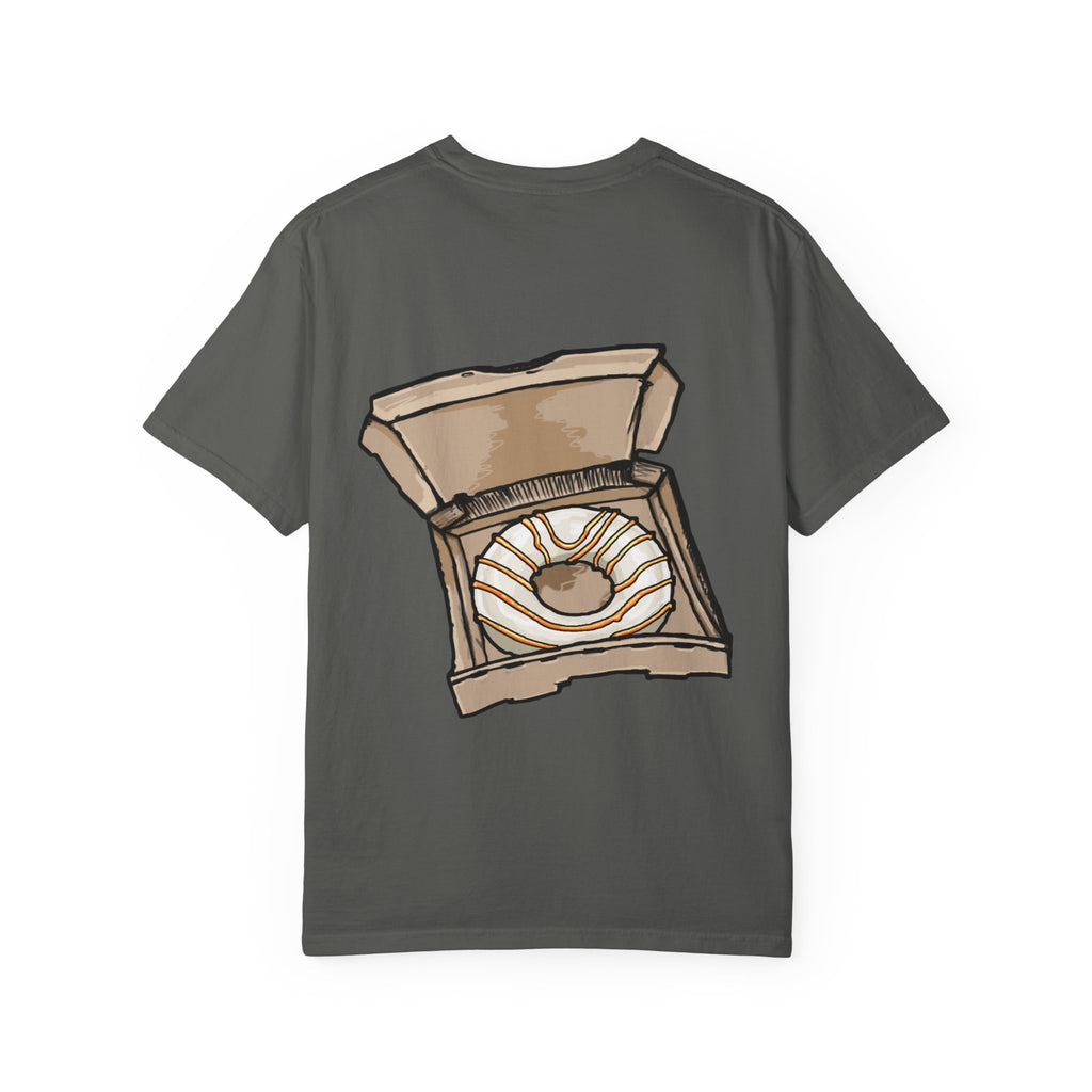 Freaky Features Sandi t-shirt, front shows melting chocolate monster head with ice cream cone nose, back shows open pizza box with donut inside

