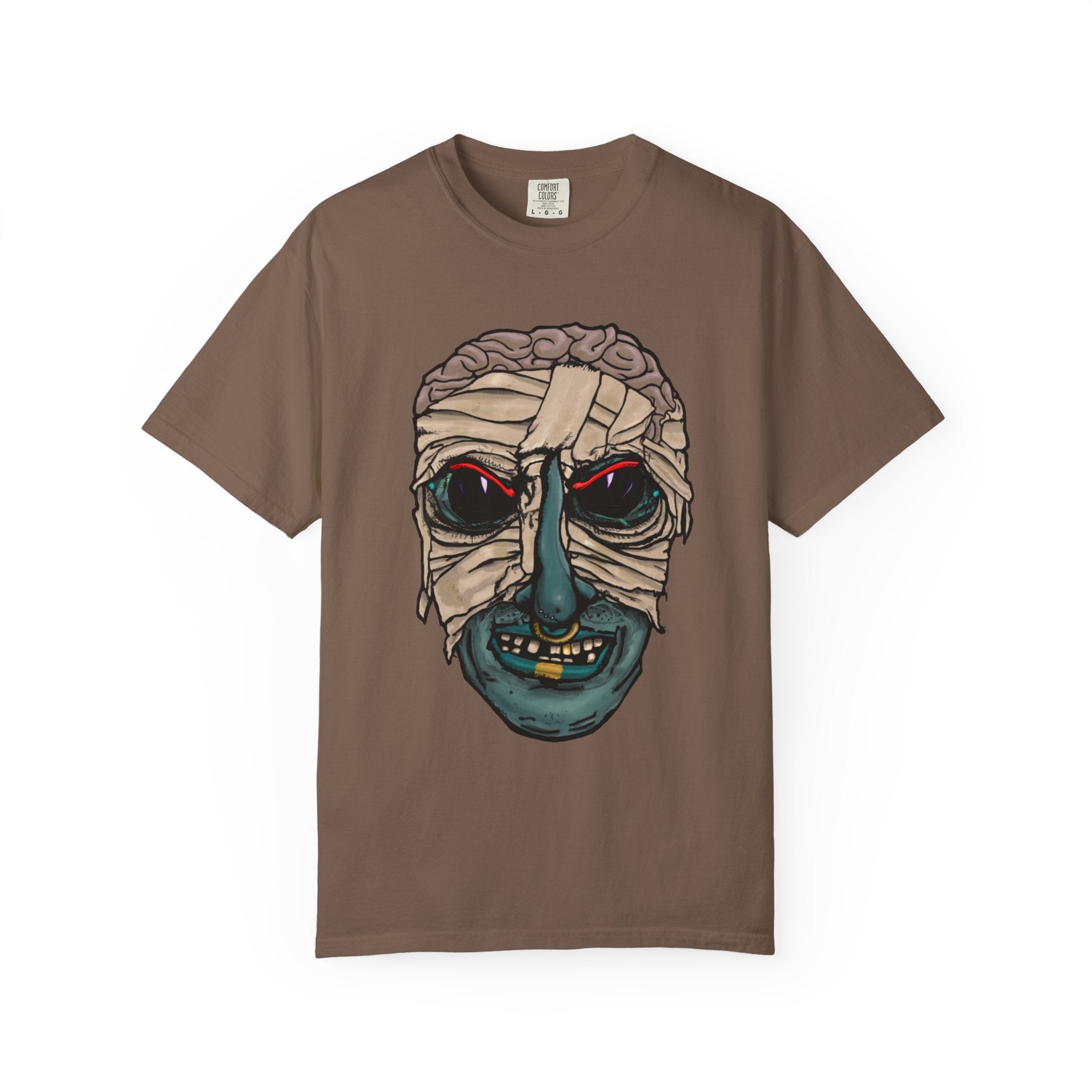 Freaky Features Mummy t-shirt, front shows bandaged mummy head with exposed brain and glowing eyes, back shows open pizza box with brain pizza and worms
