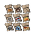 Transparent die-cut sticker set showing 9 open pizza boxes with weird designs: calzone, chocolate donut, ghost pizza, knitted happy slices, ice pizzal and more from PizzaBytes Set #3

