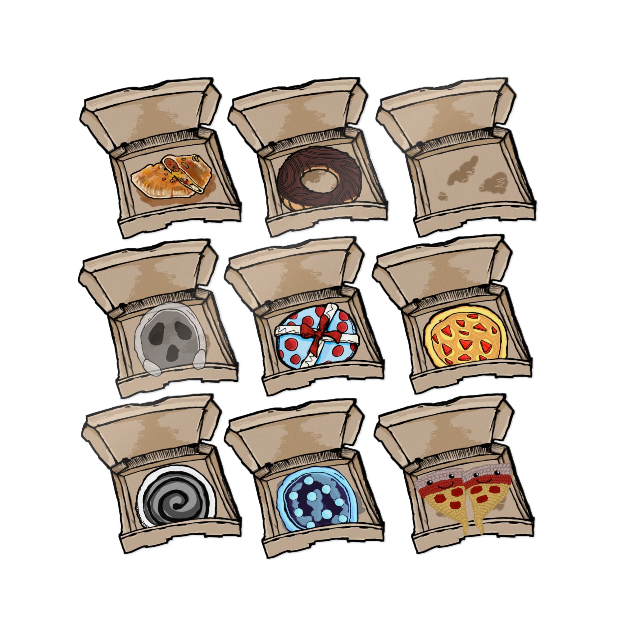 Transparent die-cut sticker set showing 9 open pizza boxes with weird designs: calzone, chocolate donut, ghost pizza, knitted happy slices, ice pizzal and more from PizzaBytes Set #3

