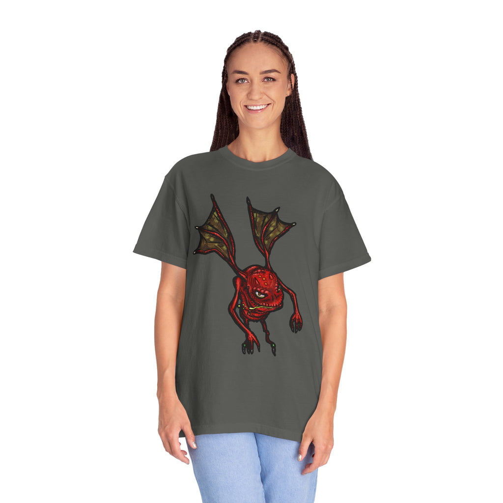 Freaky Features Fire Imp t-shirt, front shows a red bat-winged fire imp, back shows a monster-headed pizza box being raided by little red devils 
