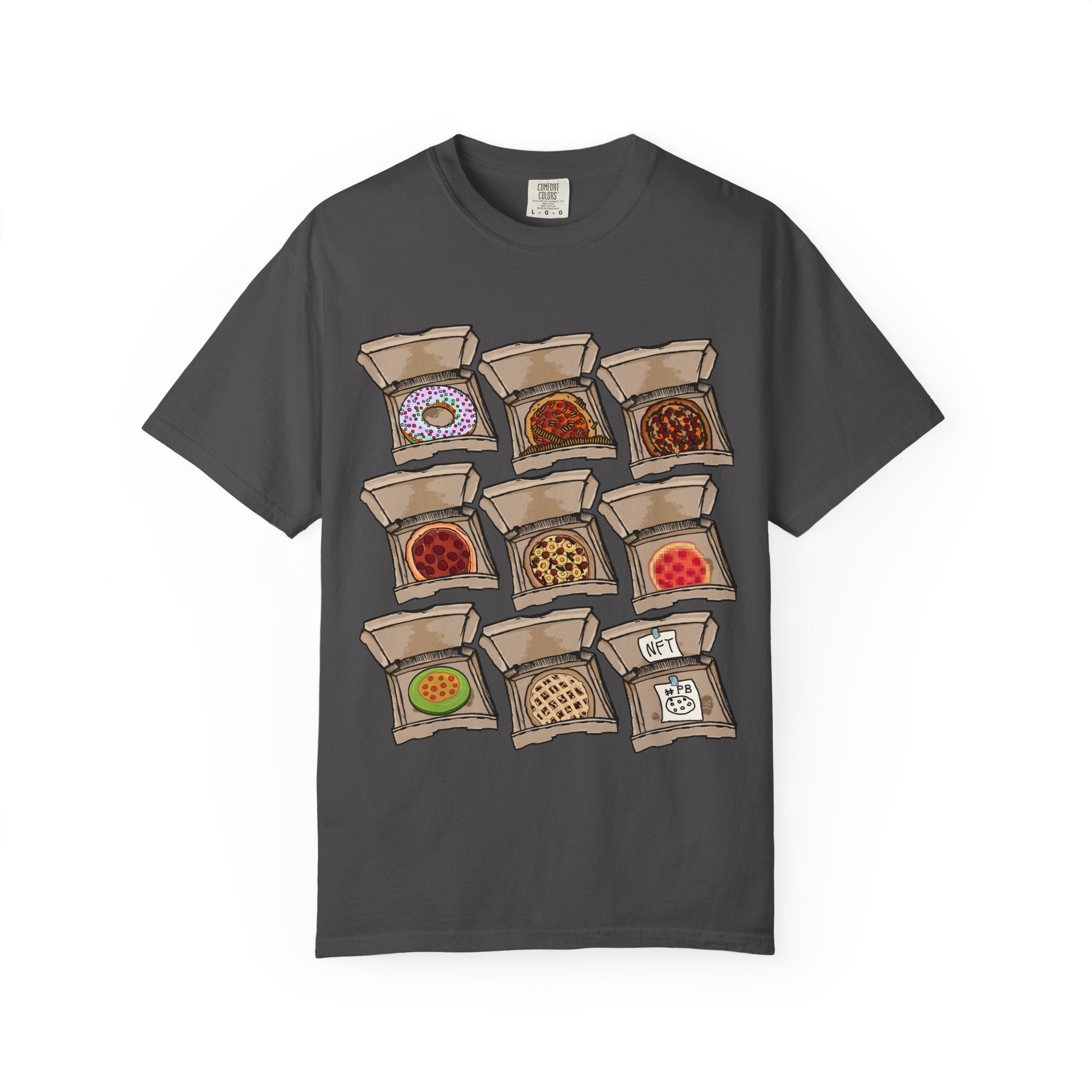 Hand-drawn PizzaBytes Set #3 t-shirt showing a 3x3 grid of open pizza boxes with various weird pizzas including rainbow donut, cherry pie and NFT from PizzaBytes collection

