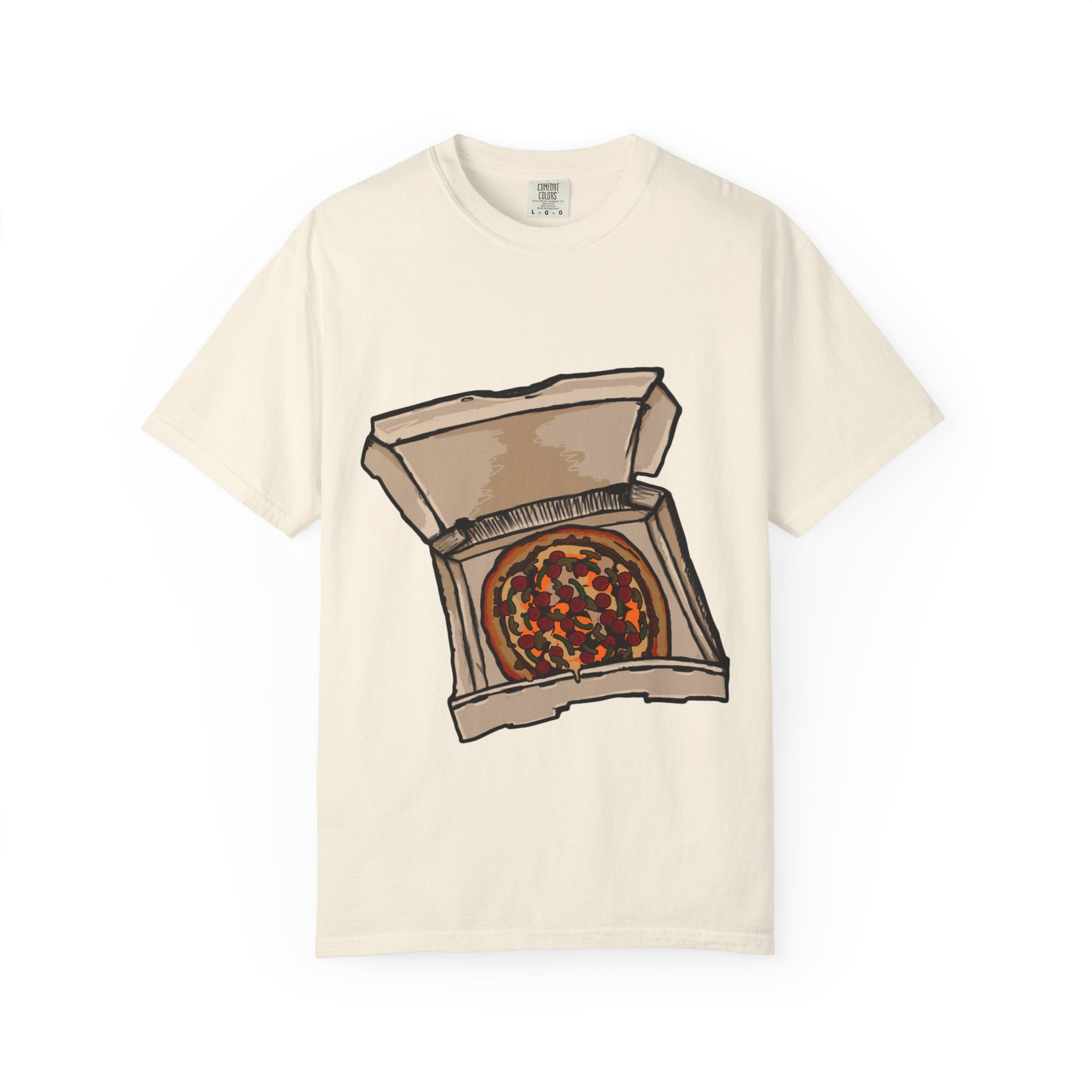 Hand-drawn pepperoni green pepper mushroom pizza box t-shirt showing open pizza box with pepperoni, green pepper and mushroom pizza from PizzaBytes collection

