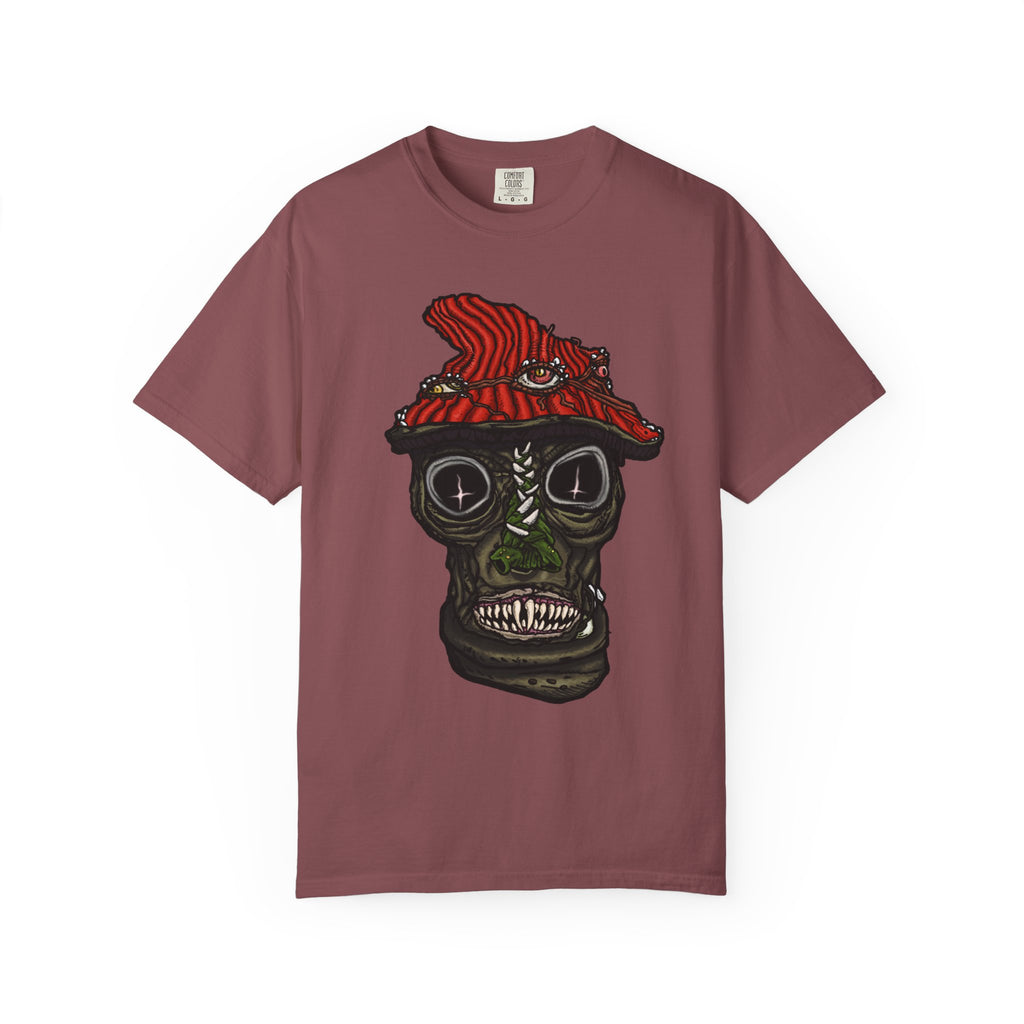 Freaky Features Mushroom Boy t-shirt, front shows grotesque mushroom skull with red cap and multiple eyes, back shows open pizza box with rainbow sprinkle donut
