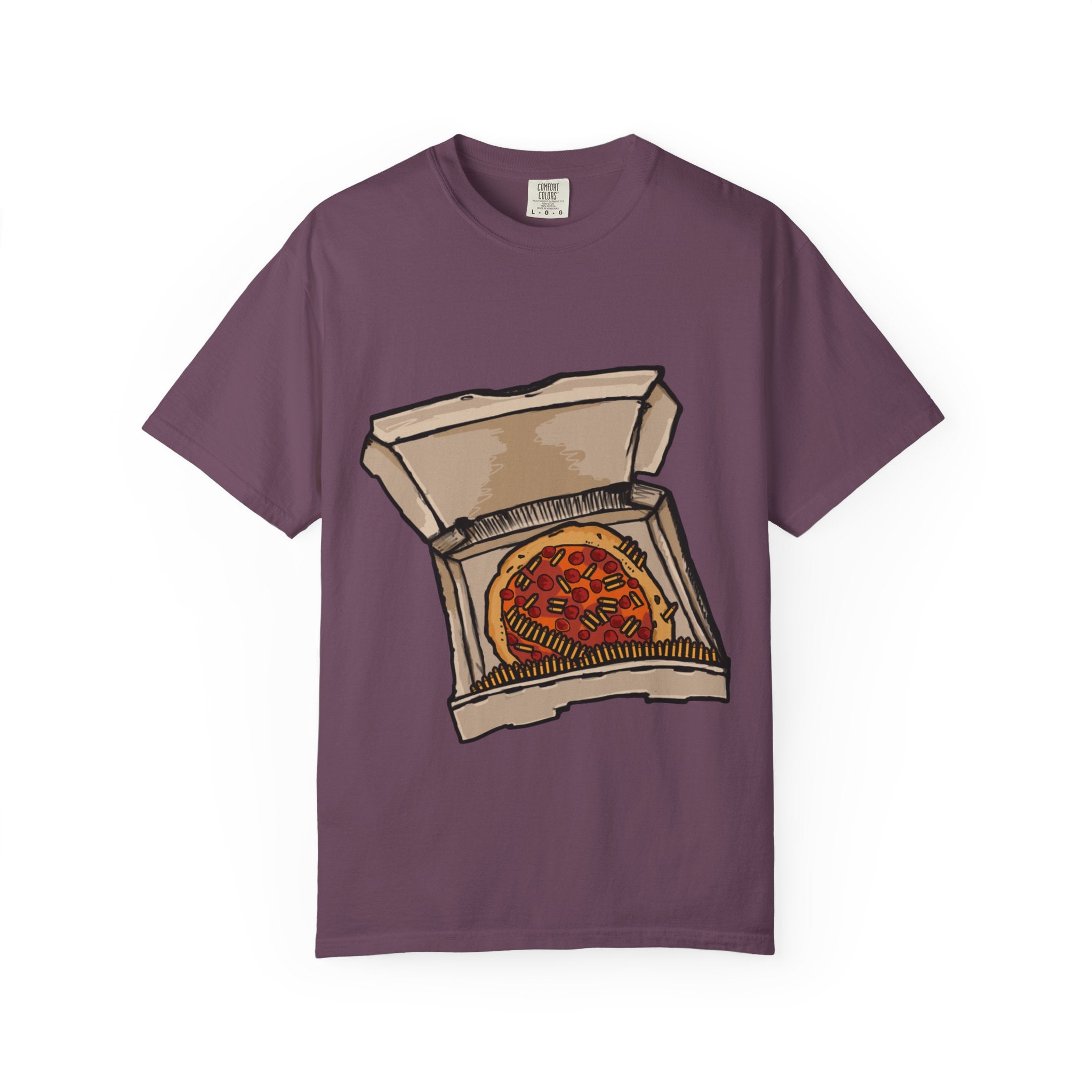 Hand-drawn pepperoni and bullets pizza box t-shirt showing open pizza box with pepperoni pizza surrounded by bullets from PizzaBytes collection

