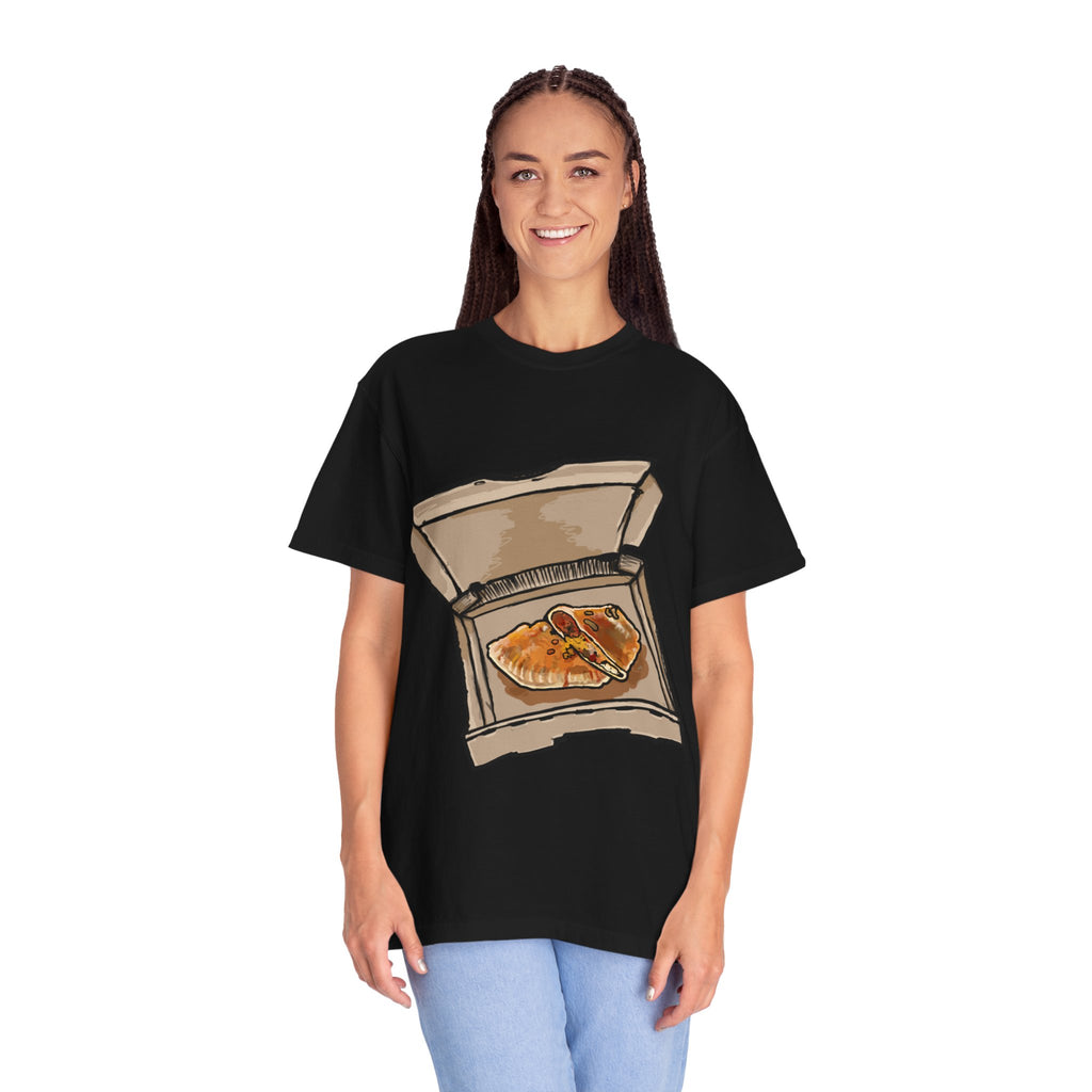 Hand-drawn calzone pizza box t-shirt showing open pizza box with two calzones from PizzaBytes collection

