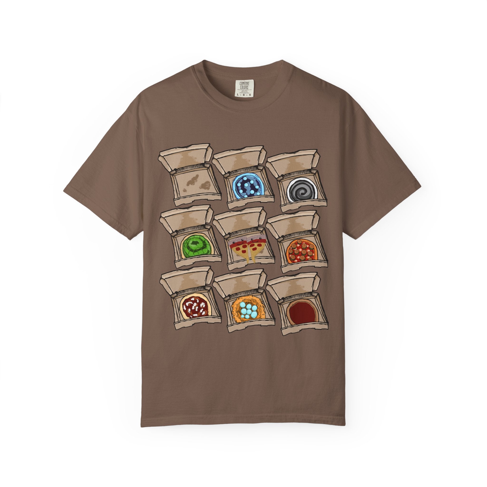 Hand-drawn PizzaBytes Set #2 t-shirt showing a 3x3 grid of open pizza boxes with various weird designs like ice pizza , jelly and bird nest from PizzaBytes collection

