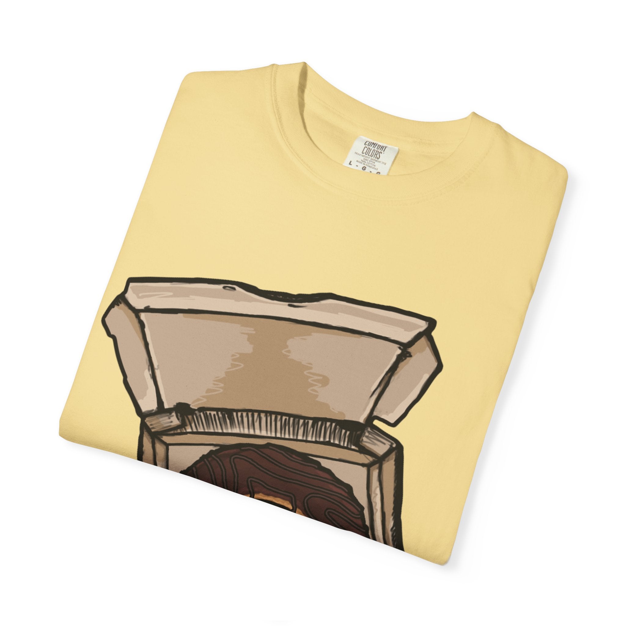 Hand-drawn donut pizza box t-shirt showing open pizza box with chocolate glazed donut from PizzaBytes collection

