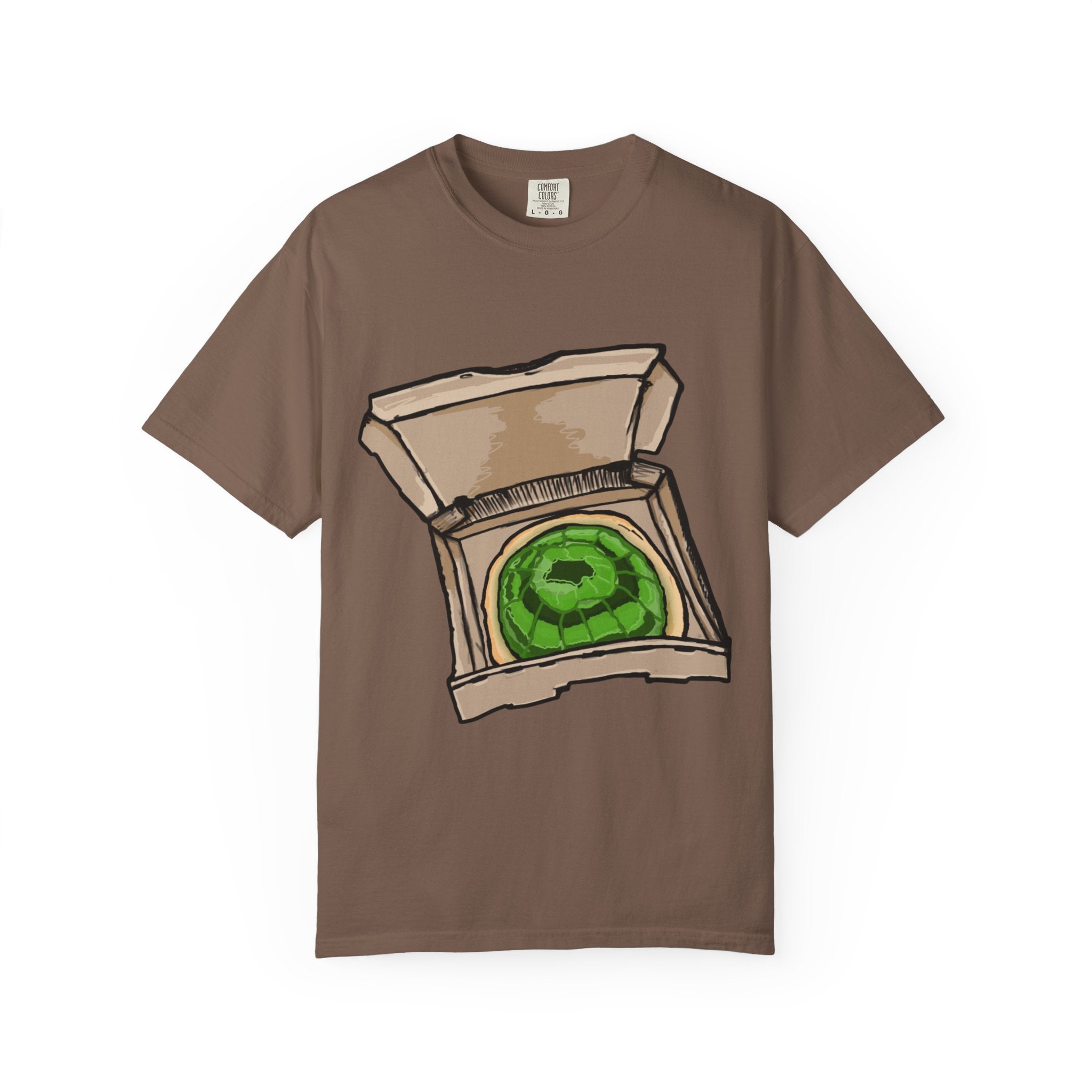 Hand-drawn jelly pizza box t-shirt showing open pizza box with green wobbly jelly pizza from PizzaBytes collection

