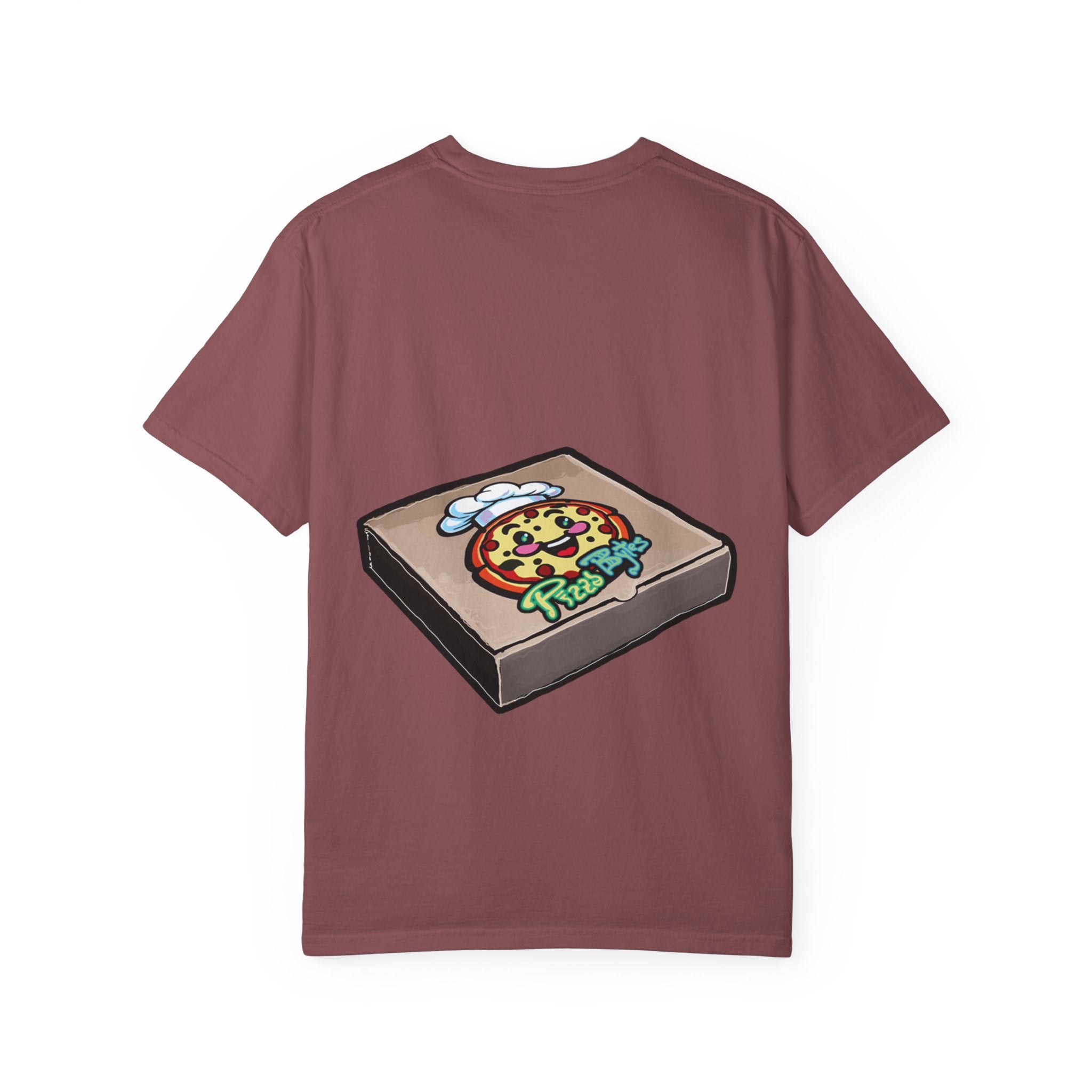 Hand-drawn little devils pizza box t-shirt showing open pizza box with cute red devils eating and stealing pepperoni pizza slices from PizzaBytes collection

