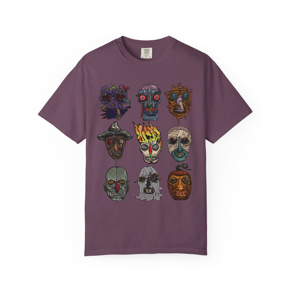Freaky Features Collective #1 t-shirt, front and back show 3x3 grids of hand-drawn monster heads including alien, robot, melting chocolate, scarecrow, flaming skull, mummy, fishman, ghost, and pumpkinjack

