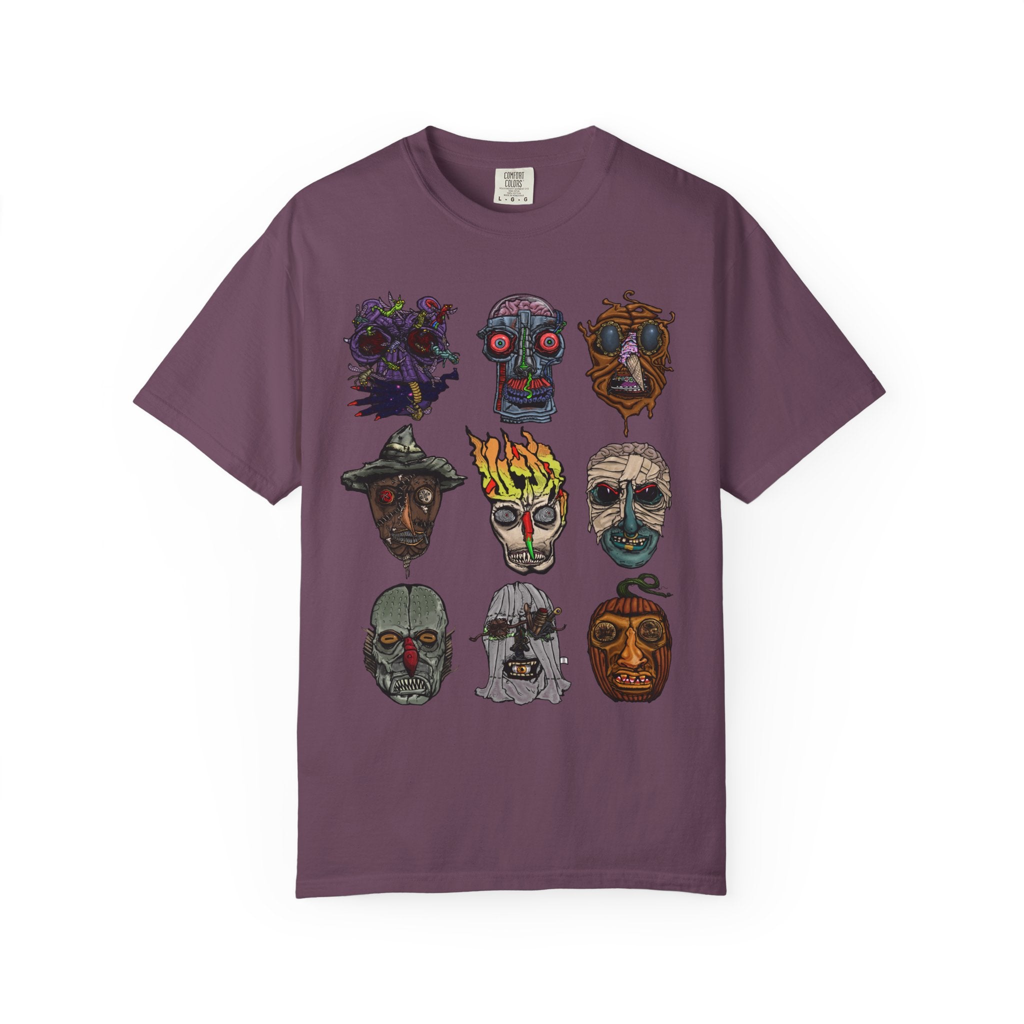 Freaky Features Collective #1 t-shirt, front and back show 3x3 grids of hand-drawn monster heads including alien, robot, melting chocolate, scarecrow, flaming skull, mummy, fishman, ghost, and pumpkinjack


