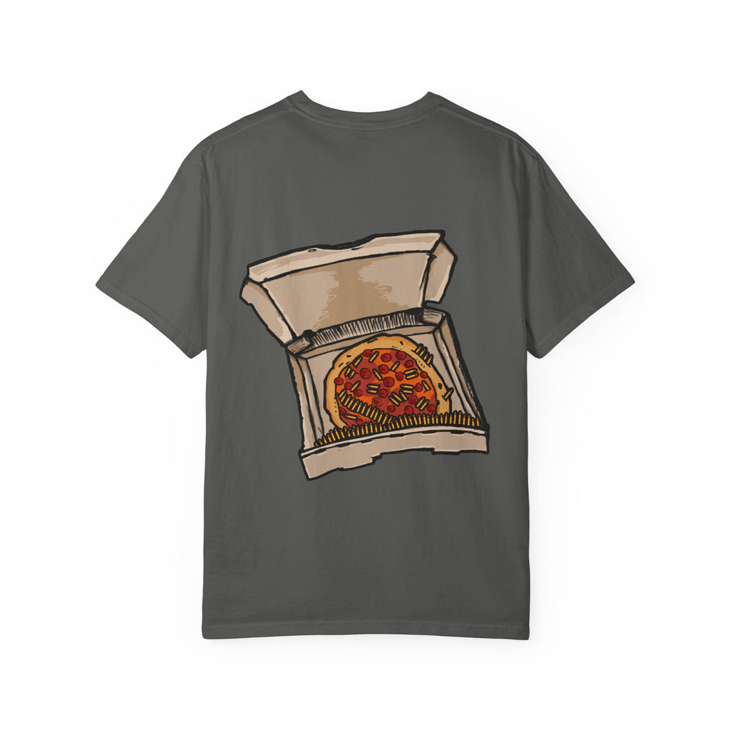 Freaky Features Flaming Skull t-shirt, front shows flaming skull with hypnotic eyes and chili nose, back shows open pizza box with loaded pepperoni pizza
