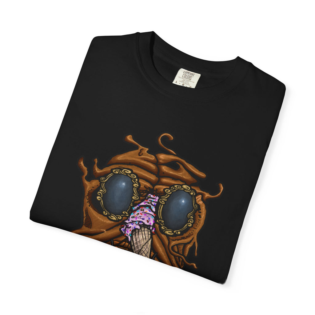 Freaky Features Sandi t-shirt, front shows melting chocolate monster head with ice cream cone nose, back shows open pizza box with donut inside

