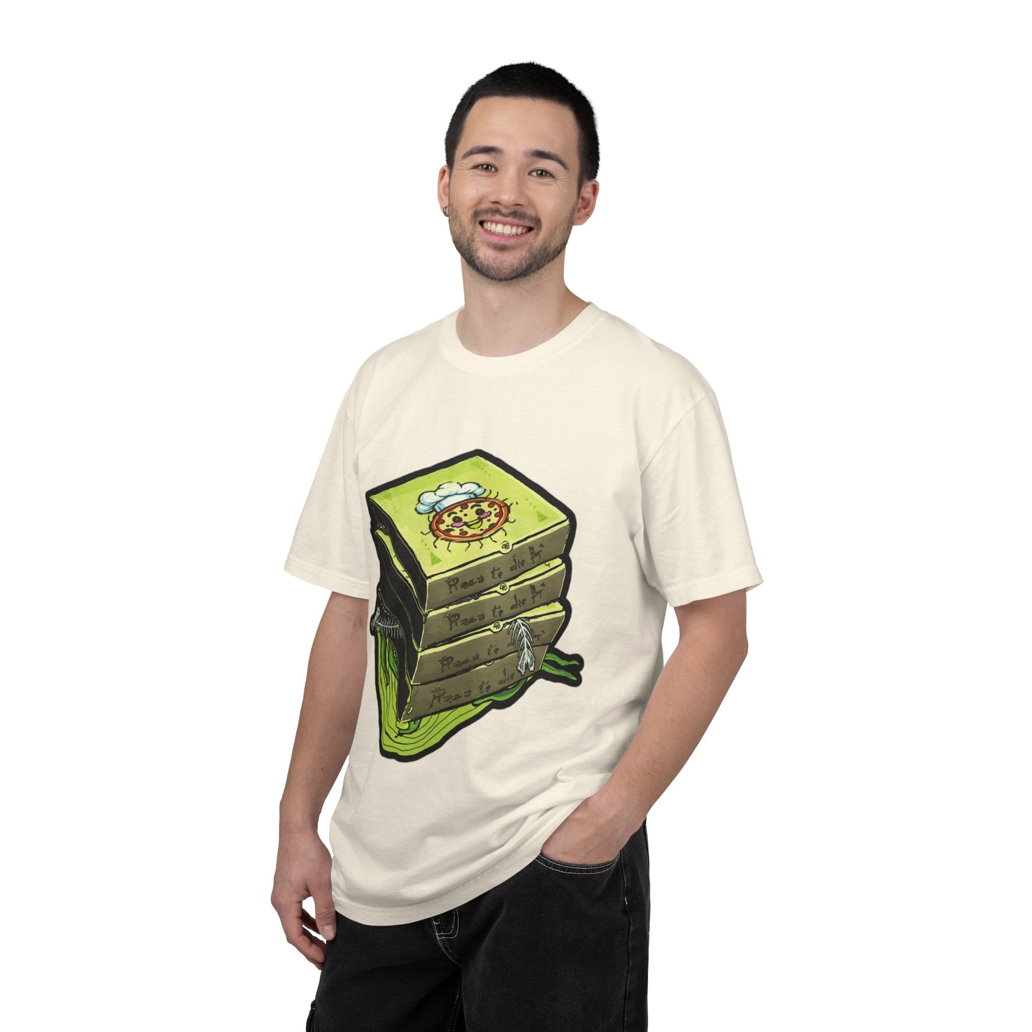 Hand-drawn toxic pizza stack t-shirt with glowing green pizza character and slimy tentacle on tee from PizzaBytes collection