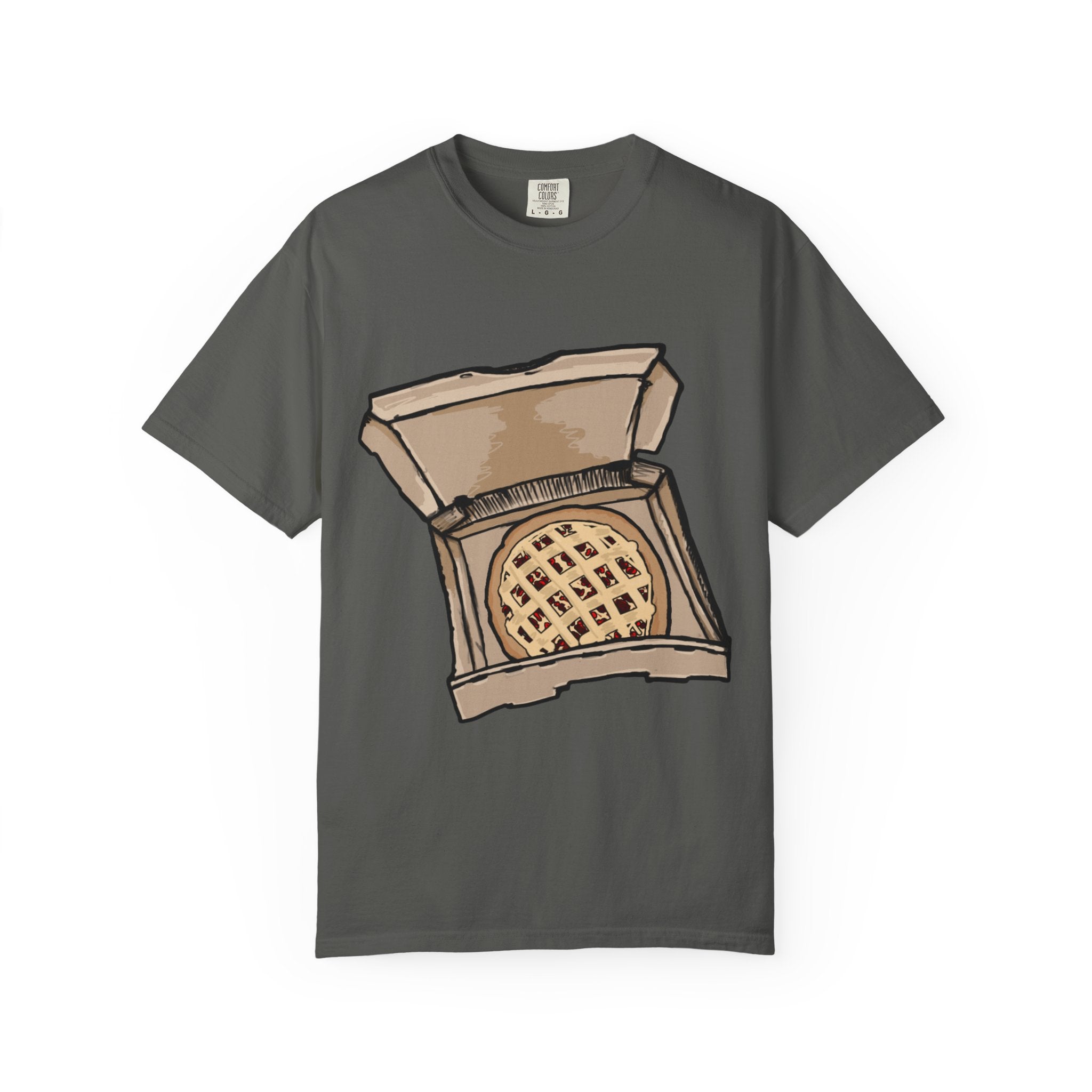 Hand-drawn cherry pie pizza box t-shirt showing open pizza box with lattice-top cherry pie from PizzaBytes collection

