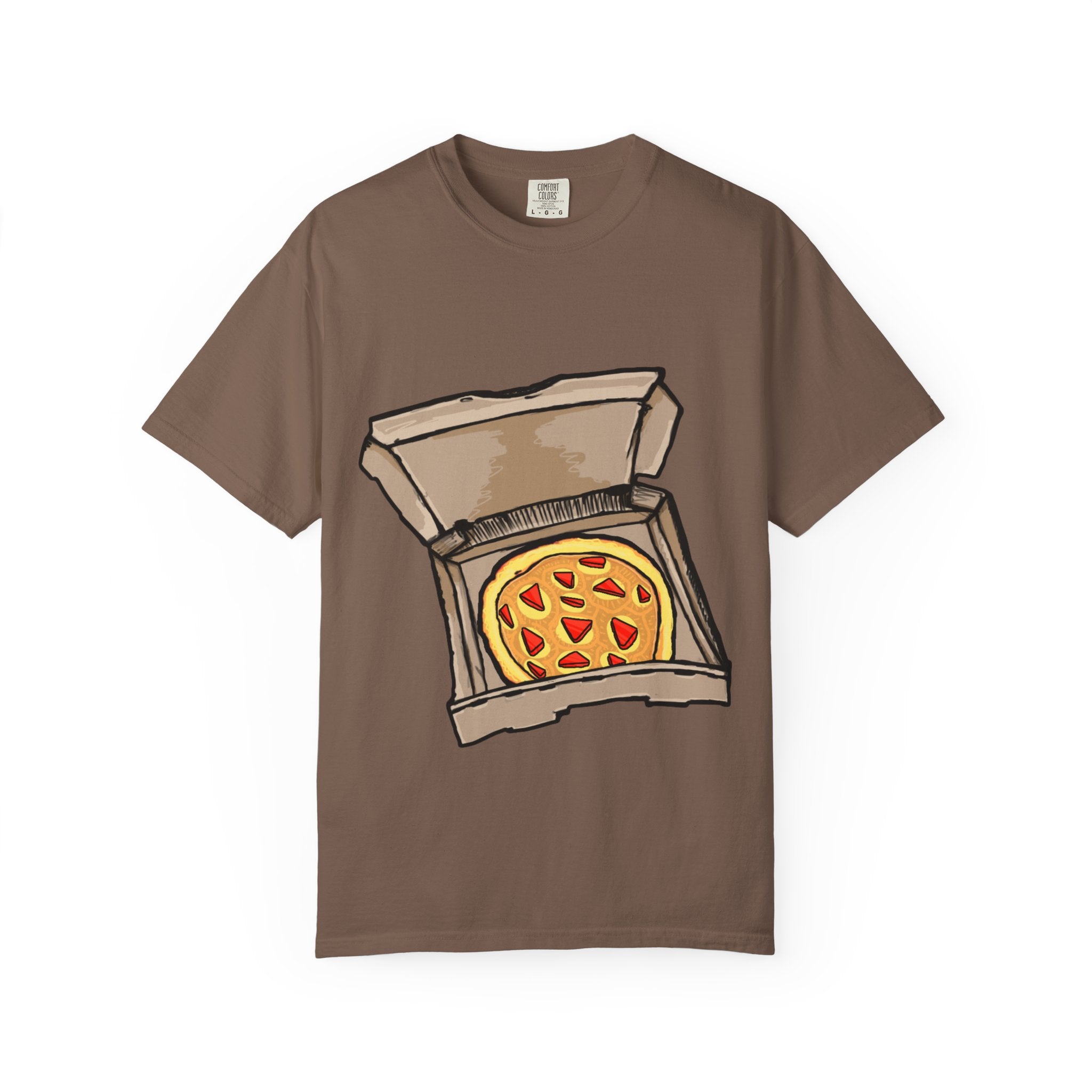 Hand-drawn gold pizza box t-shirt showing open pizza box with gold pizza and red diamond toppings from PizzaBytes collection

