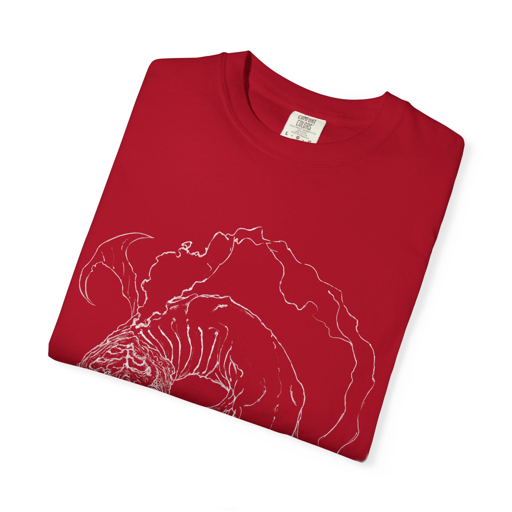Hand-sketched Fish Monster t-shirt from Serenity Chain collection, eerie deep-sea creature with bulging eyes and flowing fins in white line art on black tee