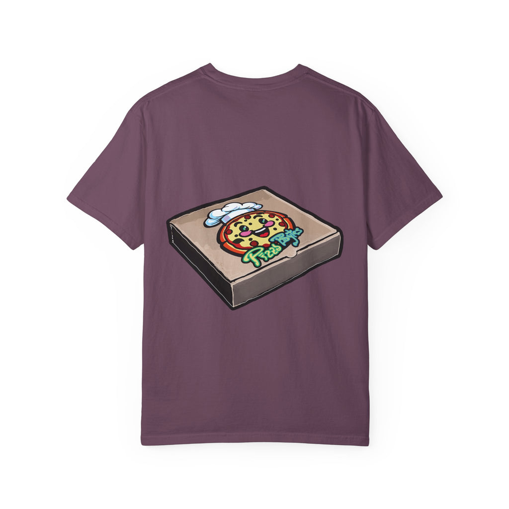 Hand-drawn rainbow donut pizza box t-shirt showing open pizza box with a colorful sprinkle donut from PizzaBytes collection


