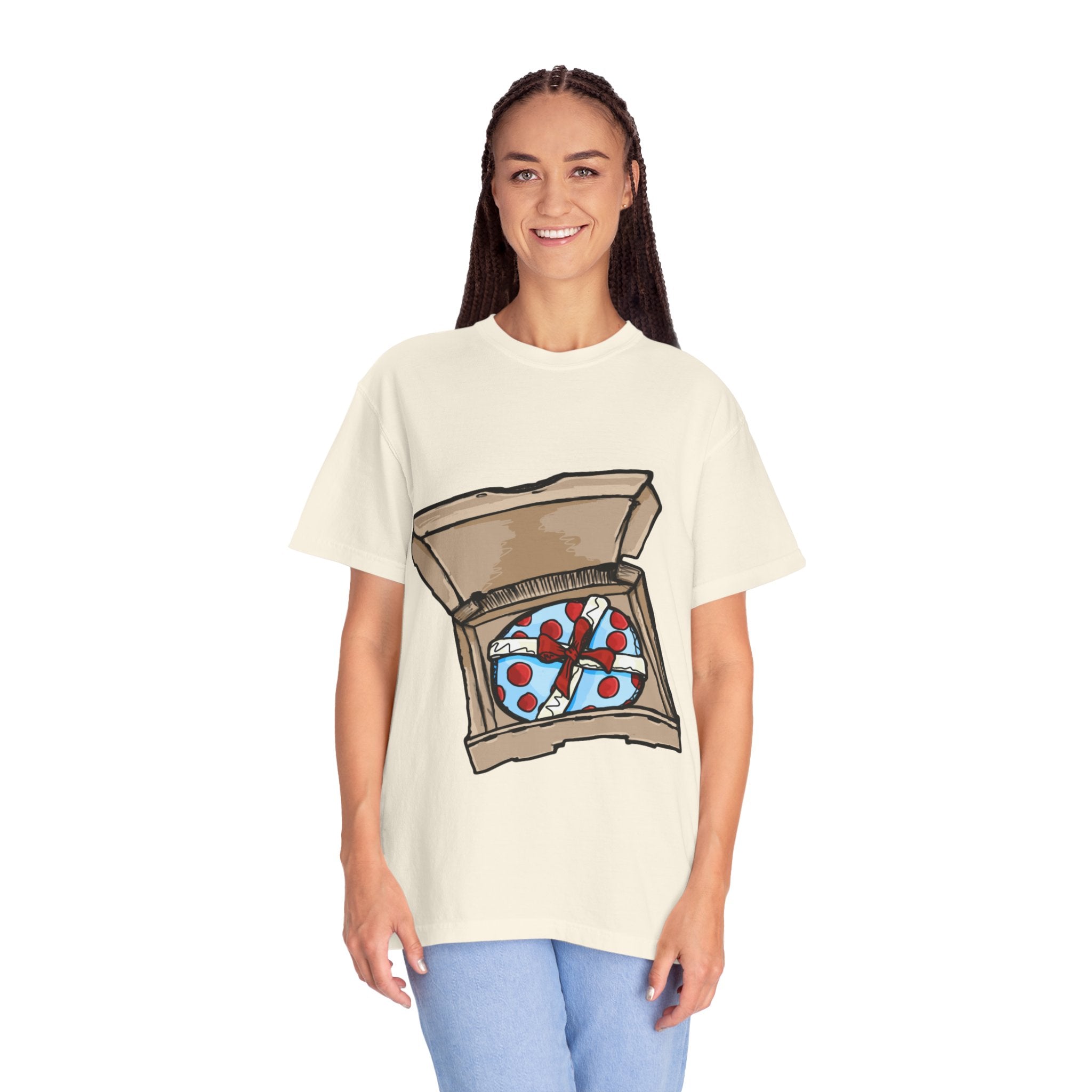 Hand-drawn gift pizza box t-shirt showing open pizza box with blue polka-dotted wrapped gift and red bow on Comfort tee from PizzaBytes collection
