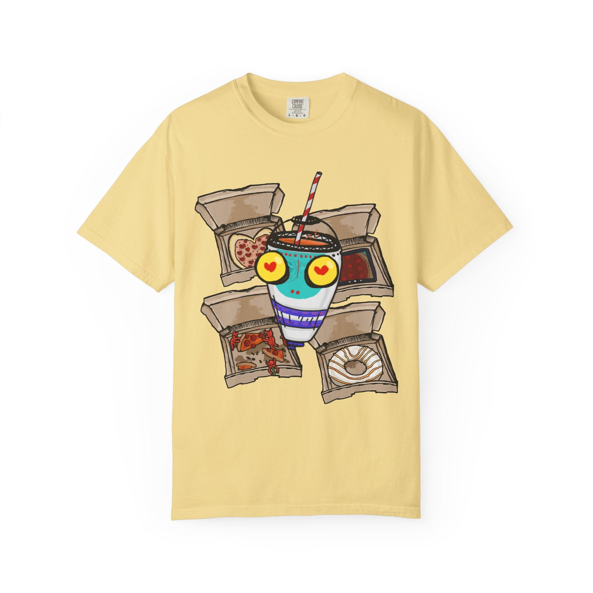 Hand-drawn PizzaBytes Set #4 t-shirt showing a cute blue soda cup monster with heart eyes in front of multiple open pizza boxes from PizzaBytes collection

