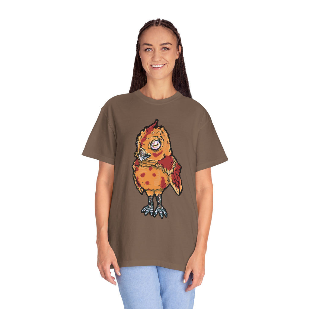 Hand-drawn spotted pizza owl monster t-shirt with melted cheese spots, pepperoni red markings and big multicolored eye tee from PizzaBytes collection