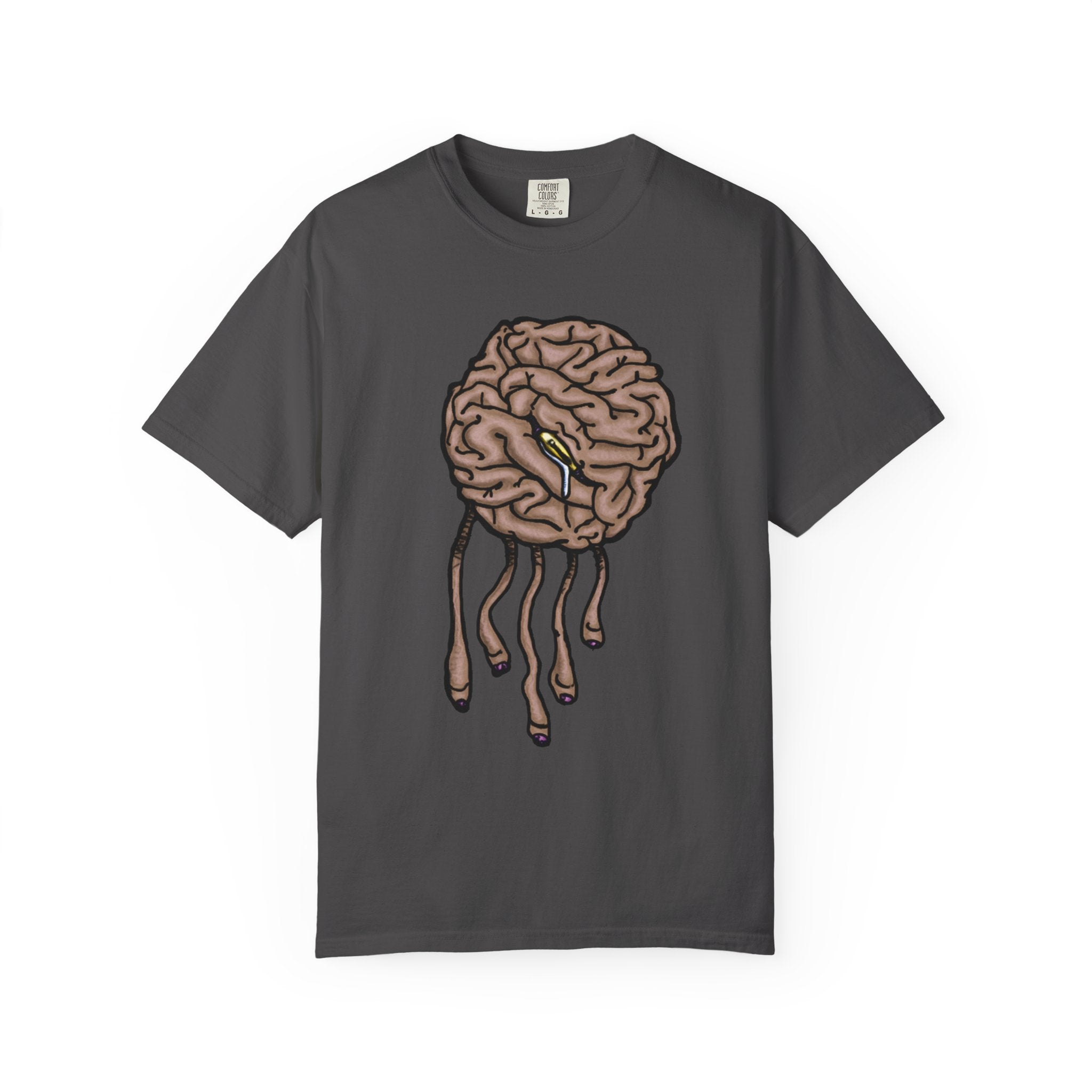 Freaky Features Sad Brian t-shirt, front shows a sad dripping brain monster with tentacles, back shows an open pizza box with half-eaten pizza on cake
