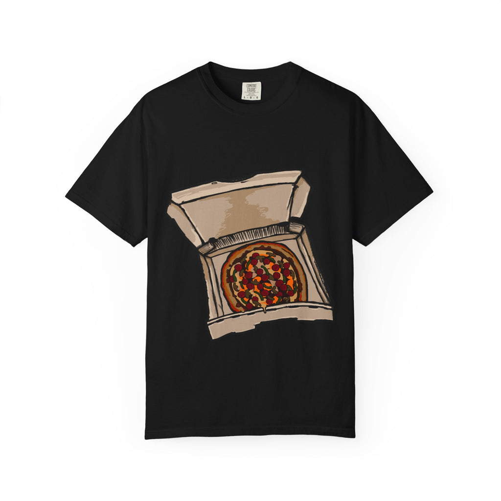 Hand-drawn pepperoni green pepper mushroom pizza box t-shirt showing open pizza box with pepperoni, green pepper and mushroom pizza from PizzaBytes collection

