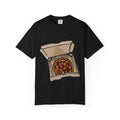 Hand-drawn pepperoni green pepper mushroom pizza box t-shirt showing open pizza box with pepperoni, green pepper and mushroom pizza from PizzaBytes collection

