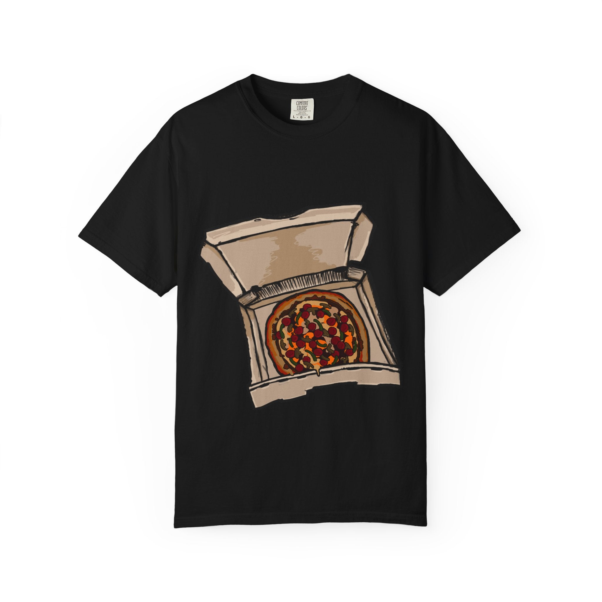 Hand-drawn pepperoni green pepper mushroom pizza box t-shirt showing open pizza box with pepperoni, green pepper and mushroom pizza from PizzaBytes collection

