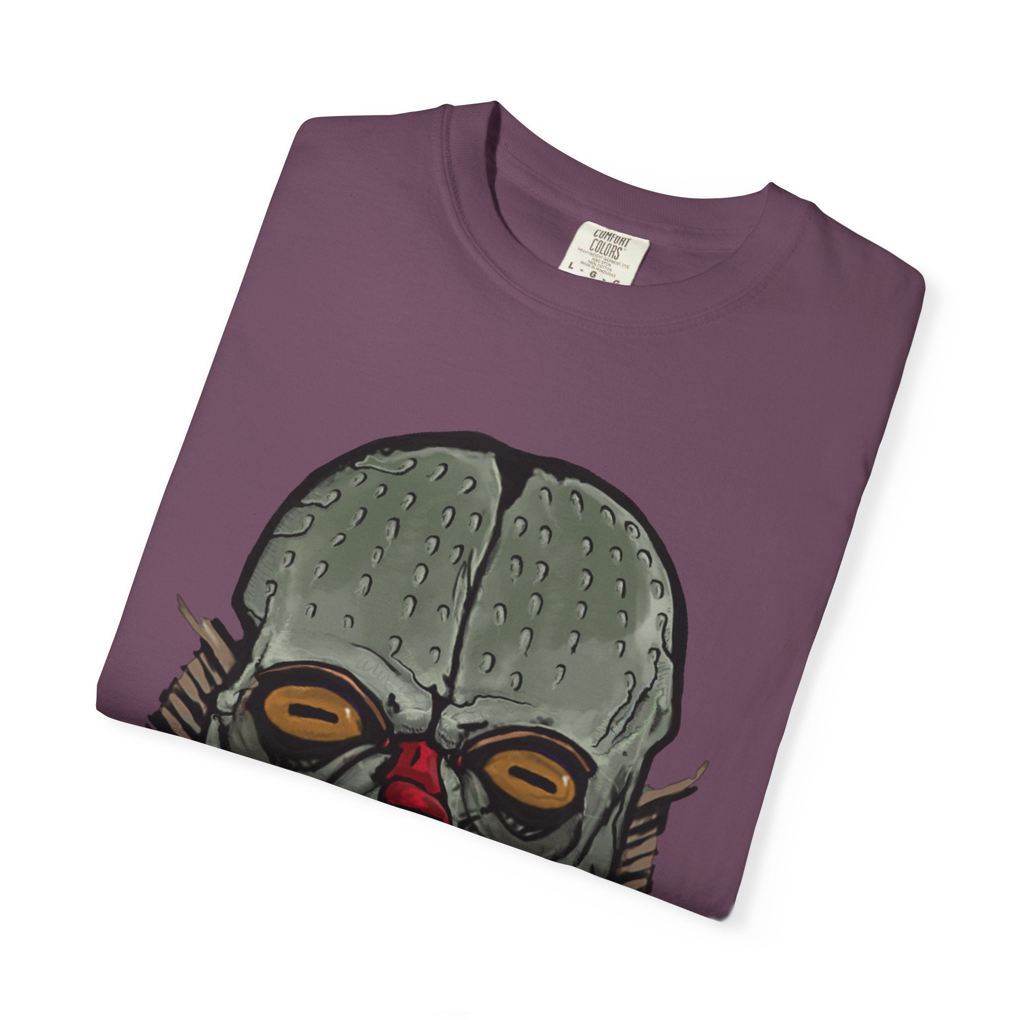 Freaky Features Fishman t-shirt, front shows grotesque fishman with orange eyes and red nose, back shows open pizza box with sewer pizza and skeletons
