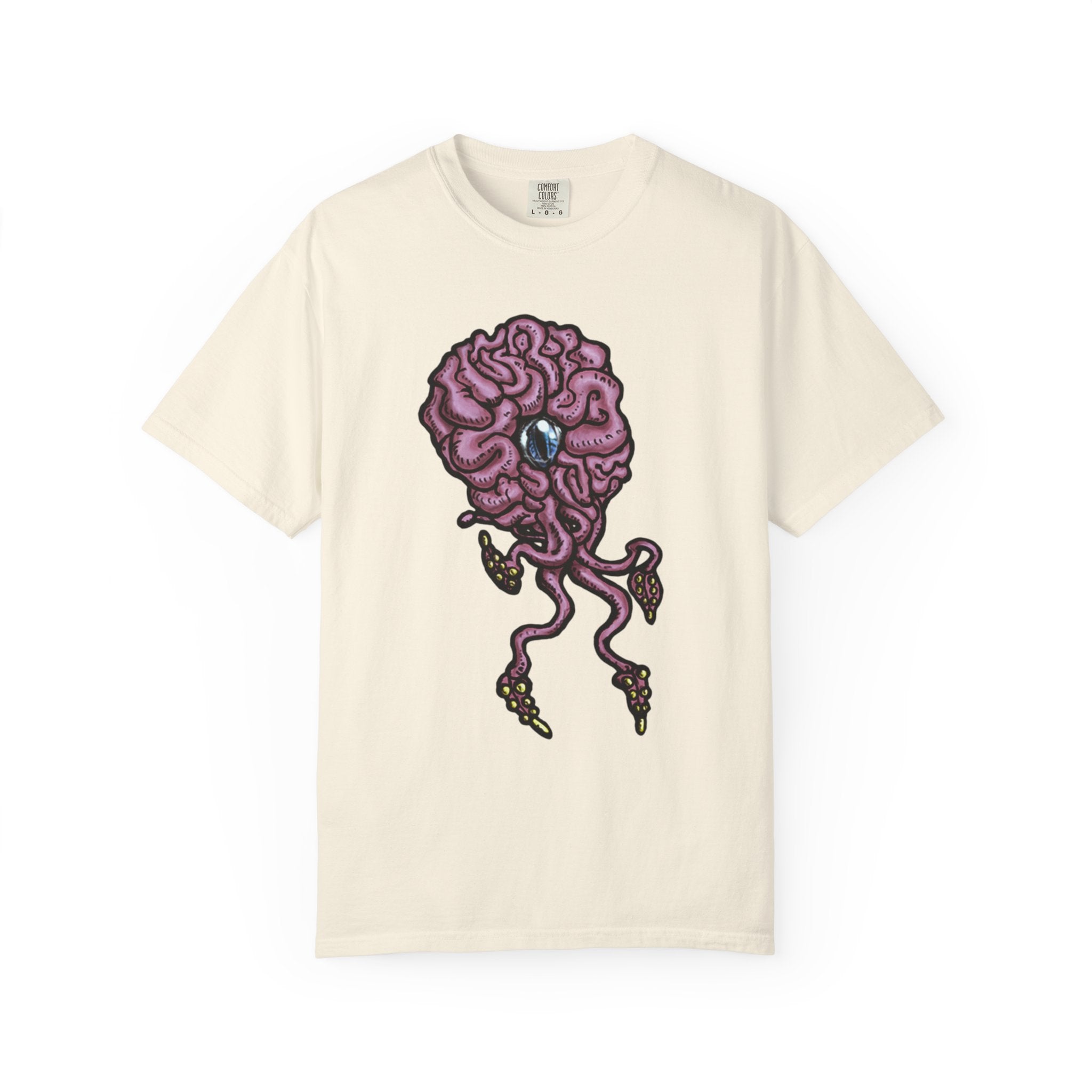 Freaky Features Brian t-shirt, front shows purple brain monster with tentacles, back shows open purple pizza box with a donut inside

