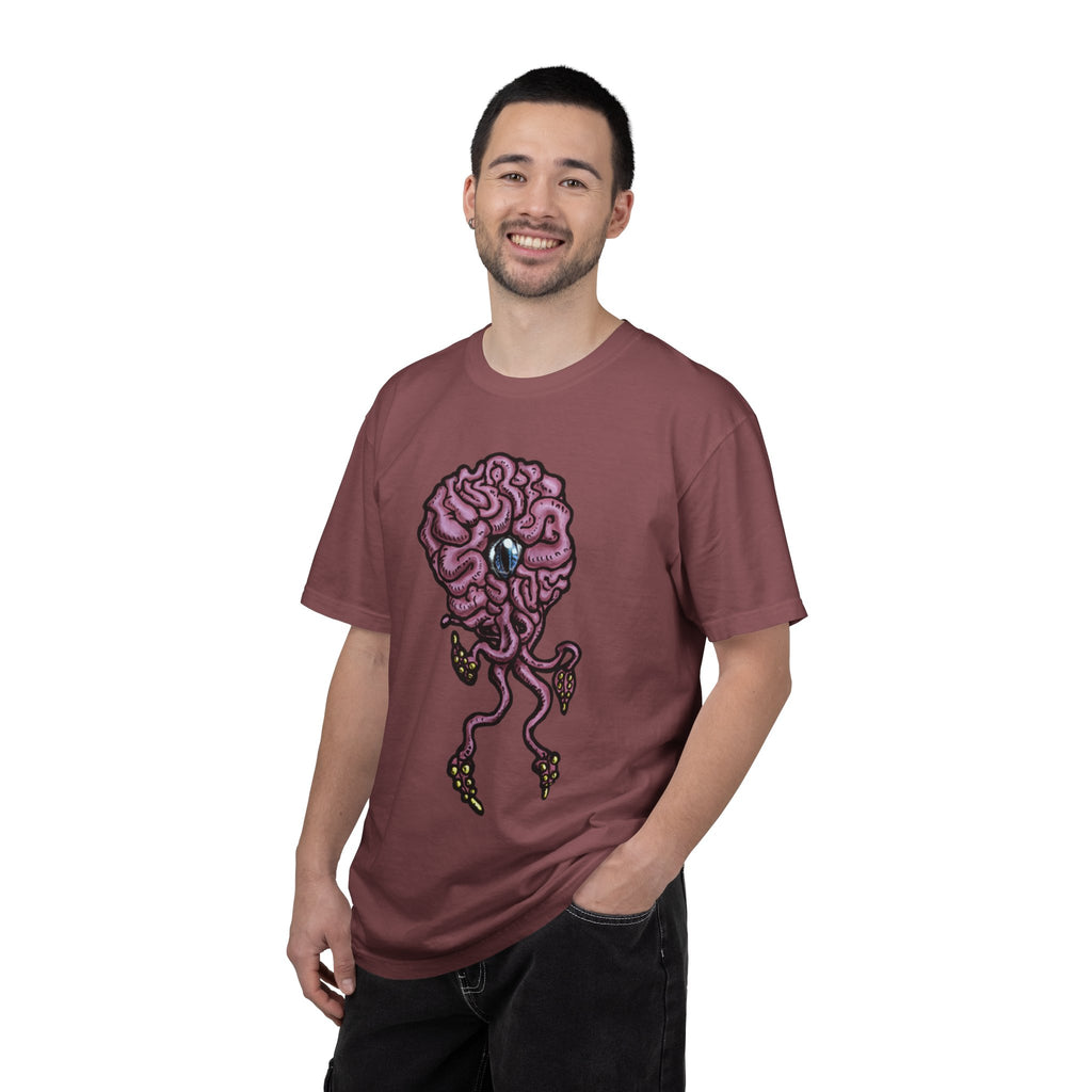 Freaky Features Brian t-shirt, front shows purple brain monster with tentacles, back shows open purple pizza box with a donut inside