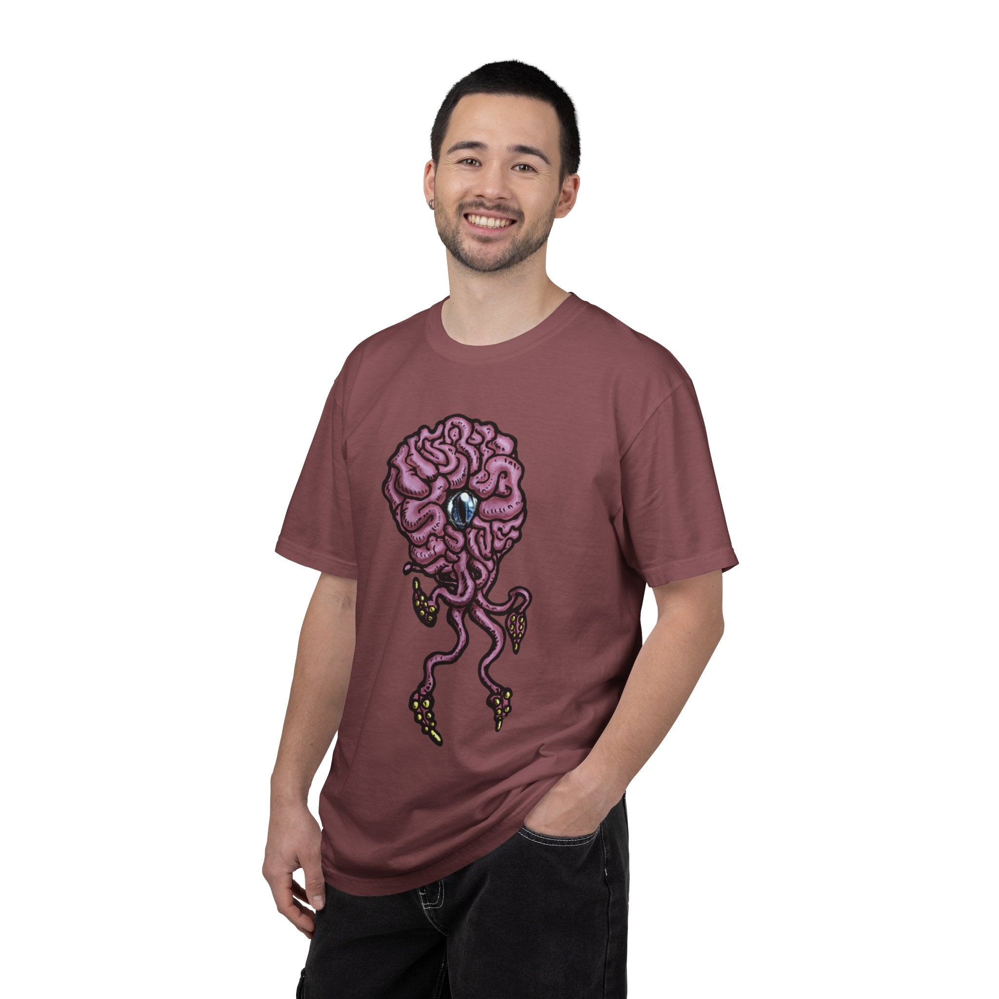 Freaky Features Brian t-shirt, front shows purple brain monster with tentacles, back shows open purple pizza box with a donut inside