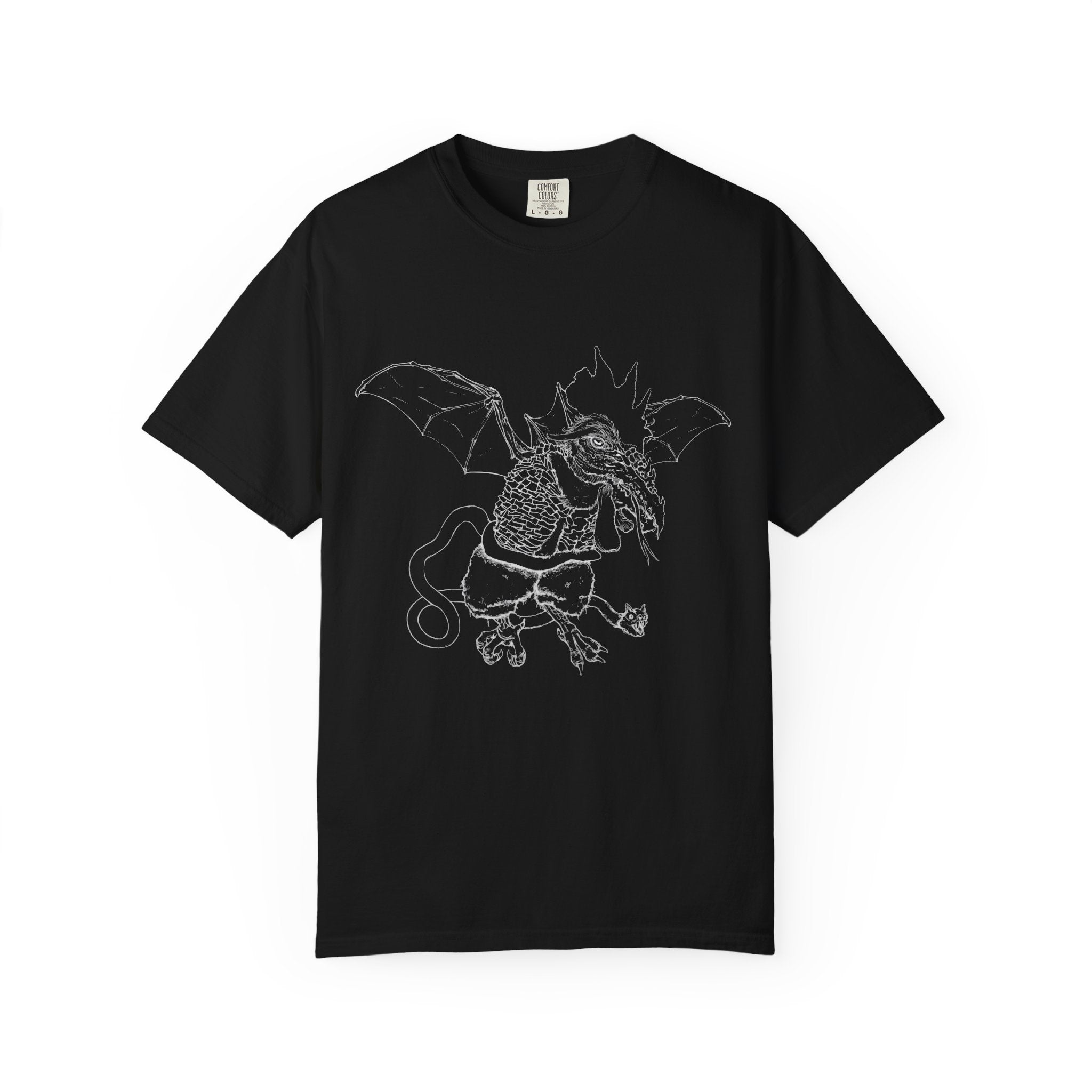 Hand-sketched Cockatrice t-shirt from Serenity Chain, mythical rooster-serpent creature in raw white line art on black tee


