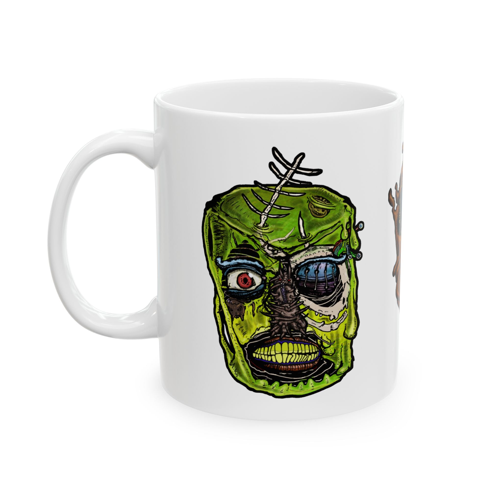 Freaky Features Sandman Radioactive Blob Shaman mug showing three monster designs: melting chocolate head with ice cream nose, neon green radioactive blob skull, and tribal shaman mask on white ceramic mug

