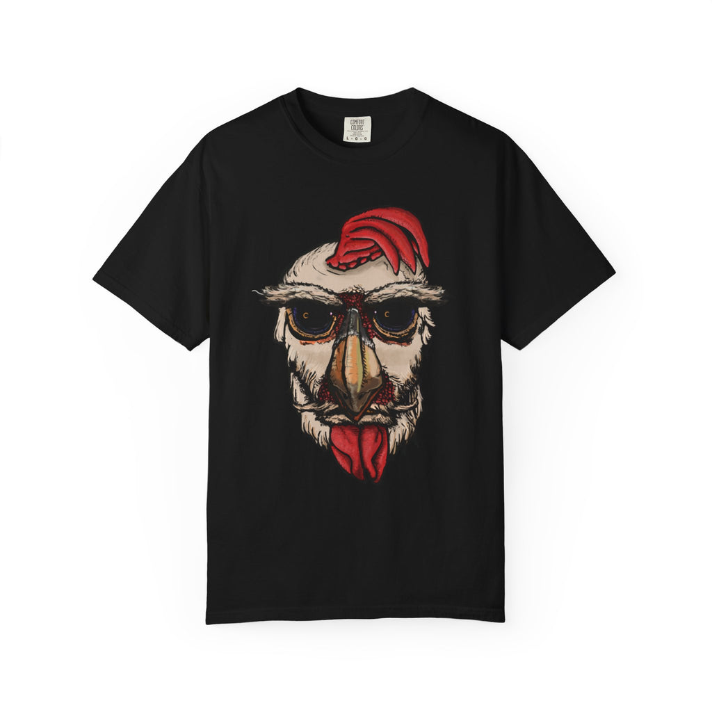 Freaky Features Paranoid Chicken t-shirt, front shows paranoid rooster head, back shows open pizza box with chocolate donut