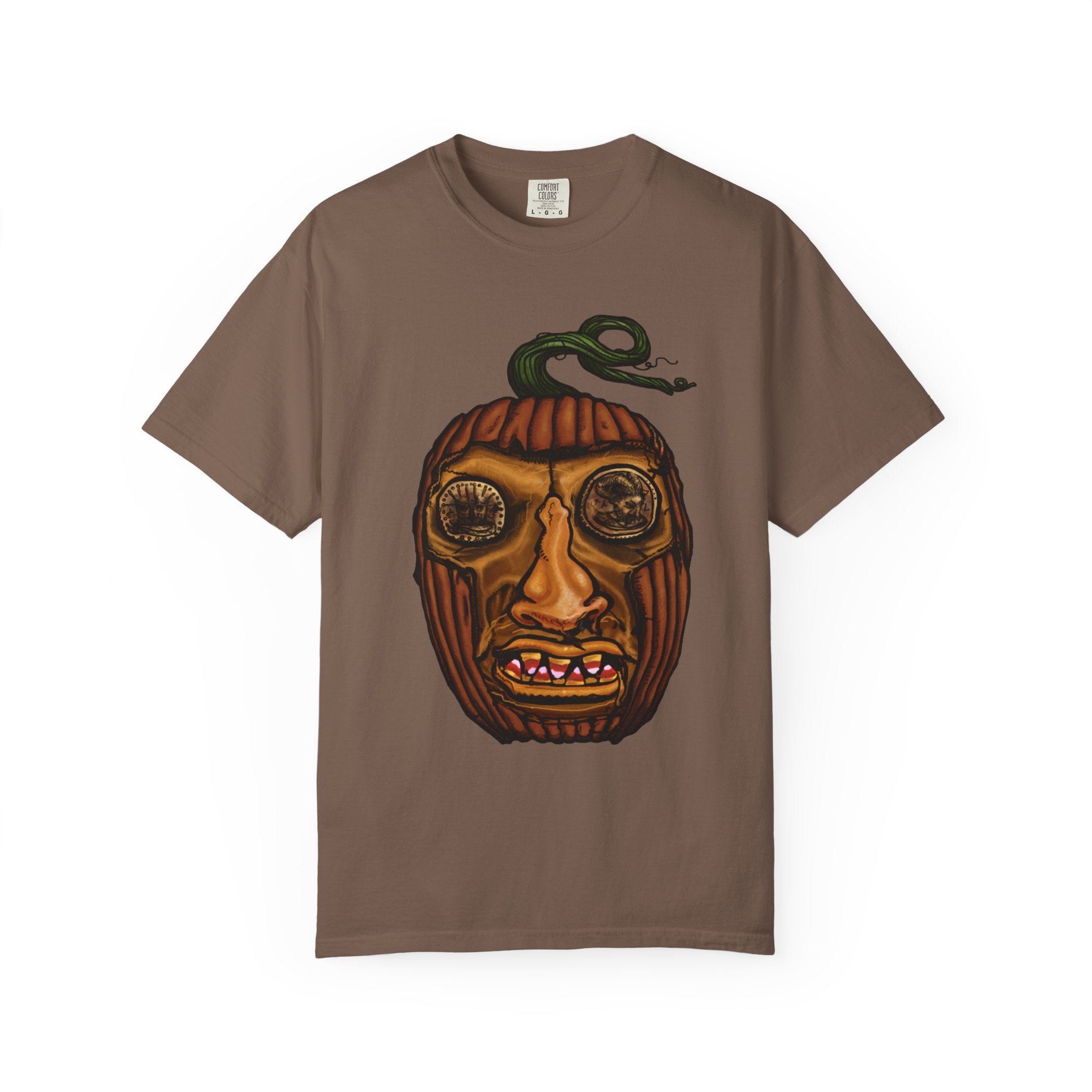 Freaky Features PumpkinJack t-shirt, front shows creepy pumpkin head with vine and candy-corn teeth, back shows open pizza box with two calzones inside

