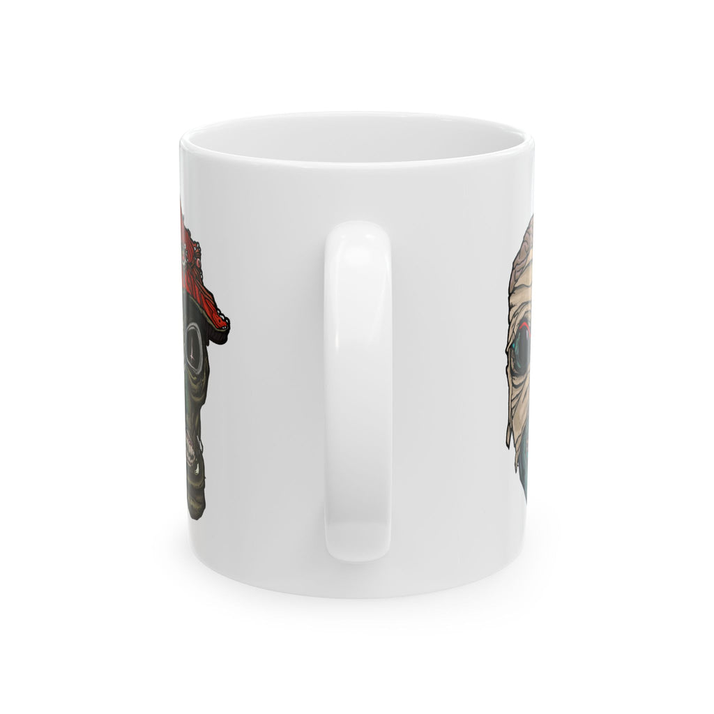 Freaky Features Mummy Chicken Mushroom mug showing three monster designs: bandaged mummy with exposed brain, paranoid rooster with sunglasses, and multi-eyed mushroom skull on white ceramic mug
