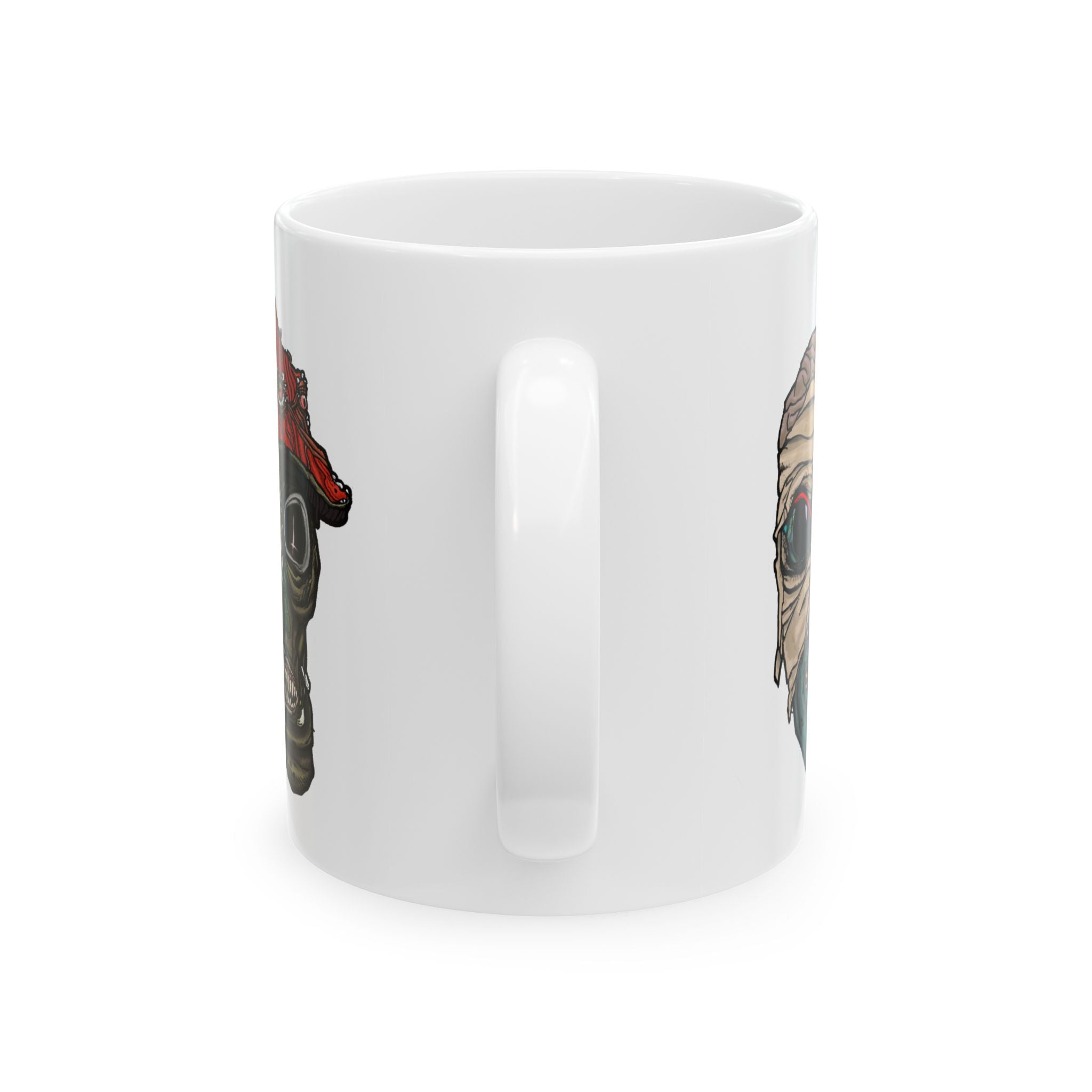 Freaky Features Mummy Chicken Mushroom mug showing three monster designs: bandaged mummy with exposed brain, paranoid rooster with sunglasses, and multi-eyed mushroom skull on white ceramic mug
