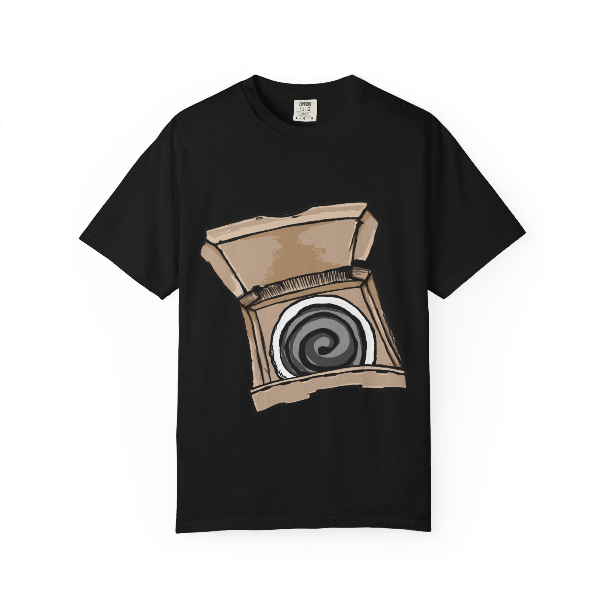 Hand-drawn swirl hypno pizza box t-shirt showing open pizza box with hypnotic spiral pattern from PizzaBytes collection
