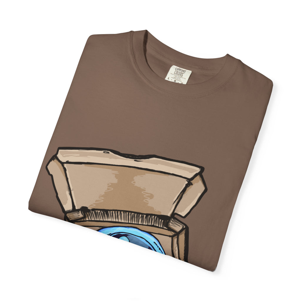 Hand-drawn ice pizza box t-shirt showing open pizza box with glowing blue ice pizza and floating orbs from PizzaBytes collection

